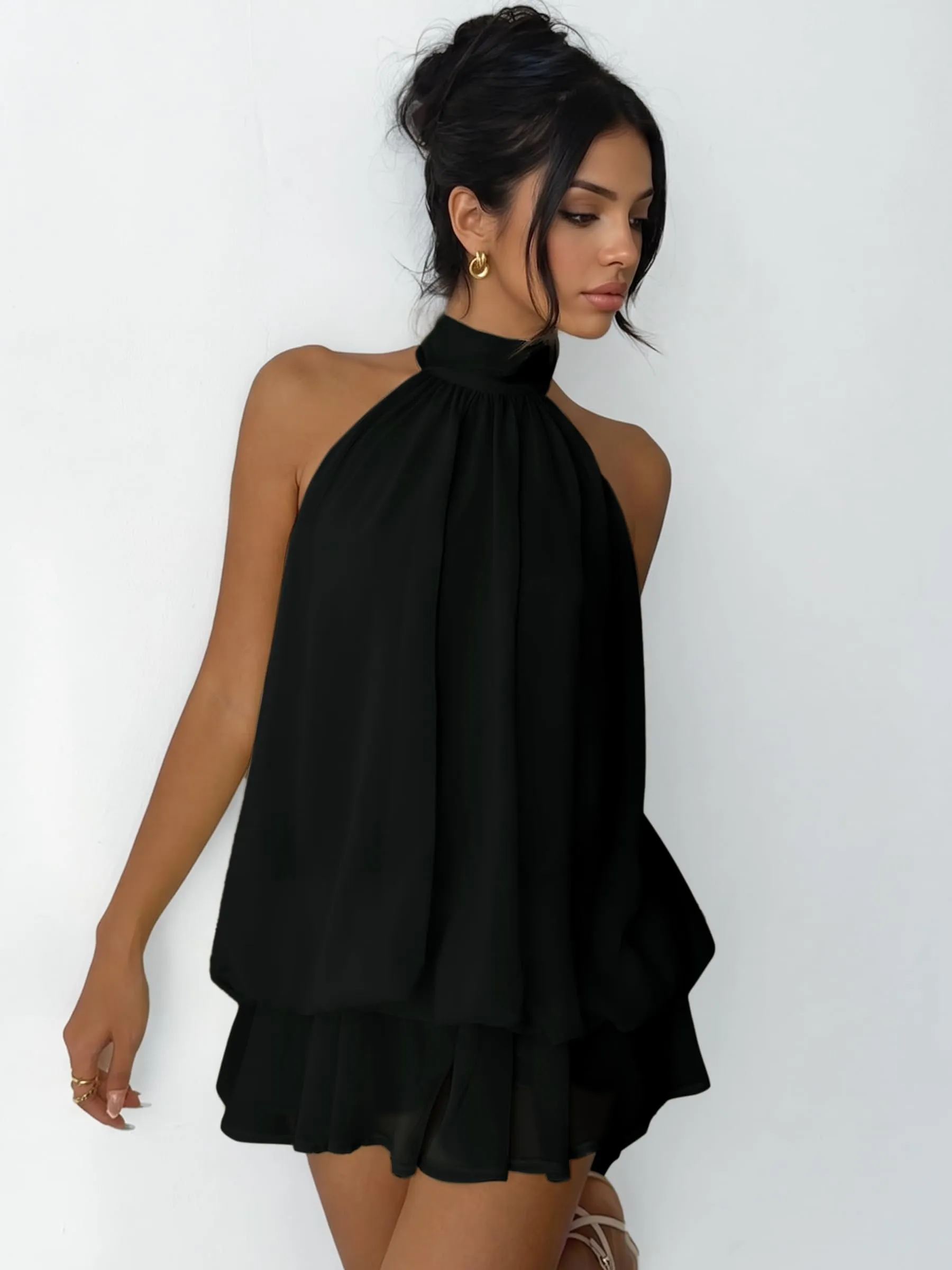 Xiaoliny Vestito Donna Elegante Senza Maniche Mini Abito in Chiffon con Scollo Halter e Volant - immagine 4