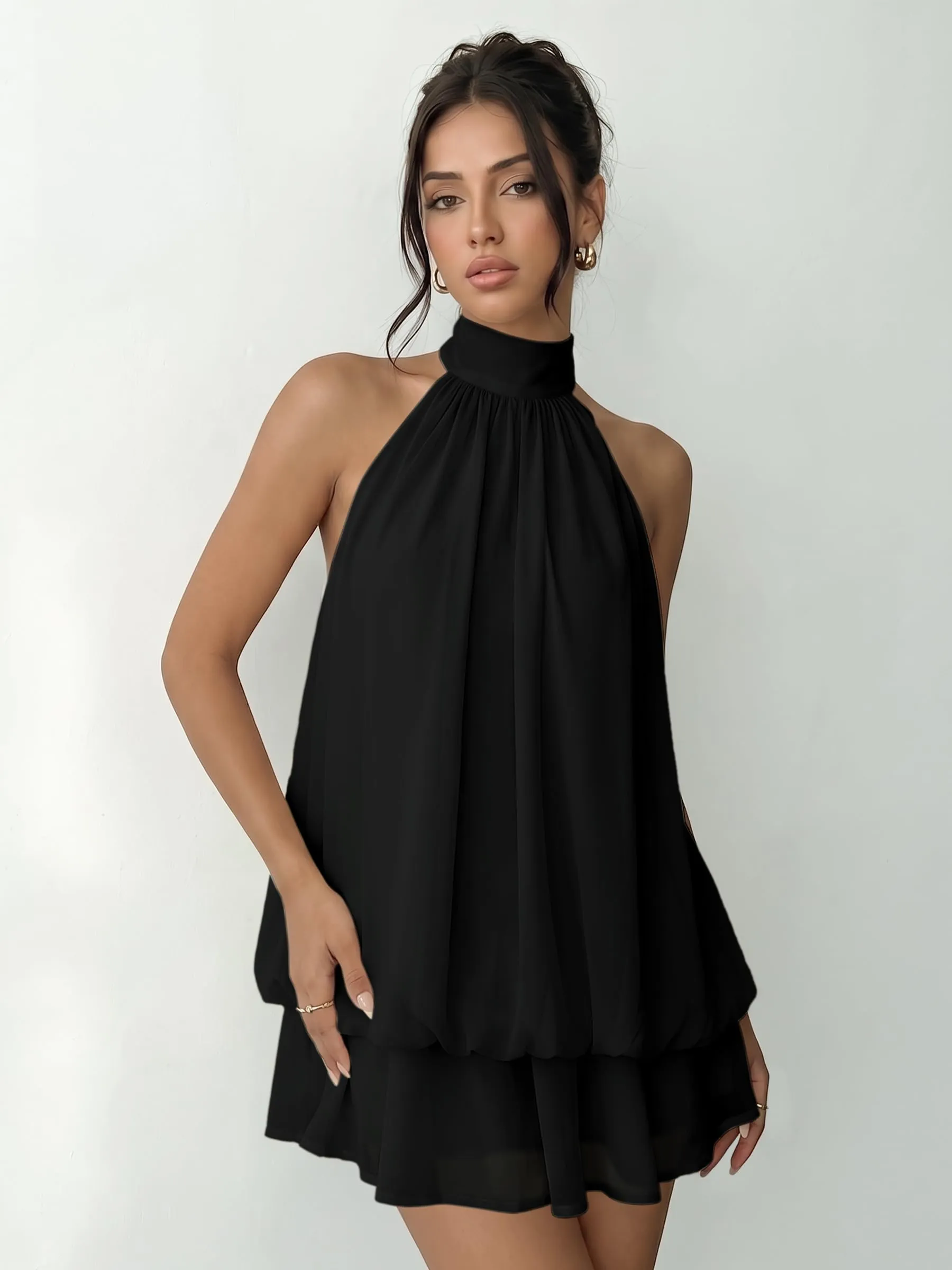 Xiaoliny Vestito Donna Elegante Senza Maniche Mini Abito in Chiffon con Scollo Halter e Volant - immagine 6