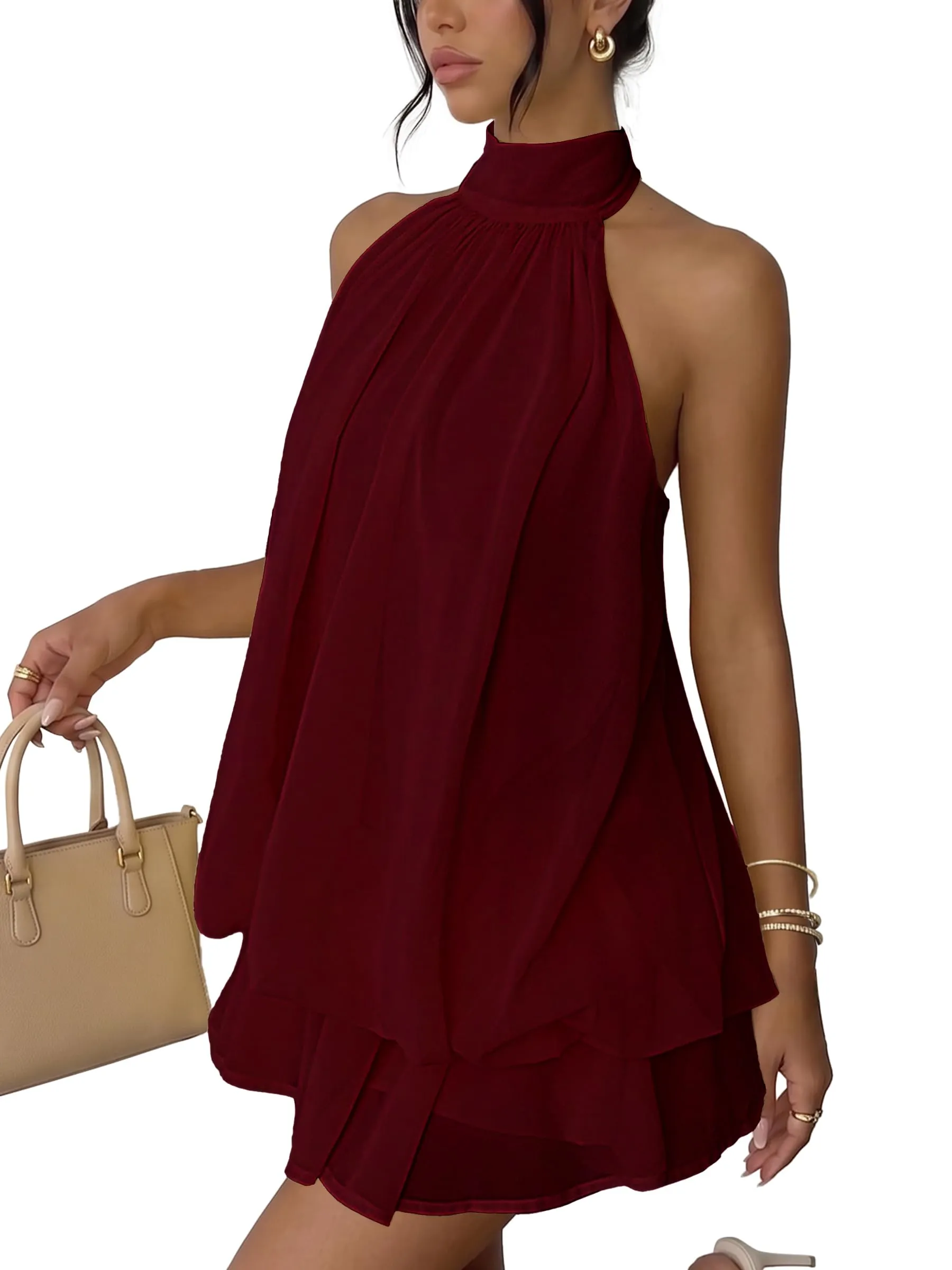 Xiaoliny Vestito Donna Elegante Senza Maniche Mini Abito in Chiffon con Scollo Halter e Volant - immagine 2