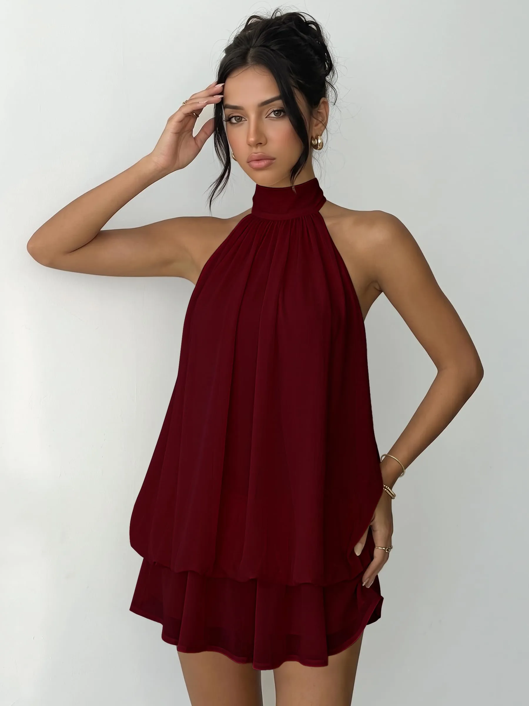 Xiaoliny Vestito Donna Elegante Senza Maniche Mini Abito in Chiffon con Scollo Halter e Volant - immagine 3