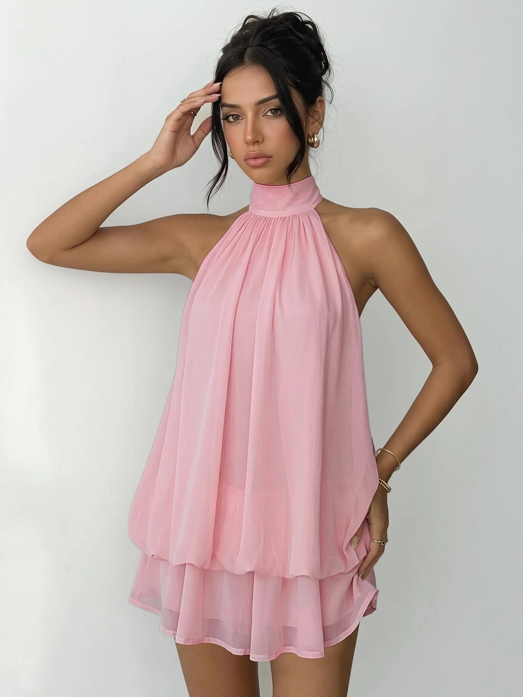 Xiaoliny Vestito Donna Elegante in Chiffon con Scollo Halter, Volant e Schiena Scoperta - immagine 7