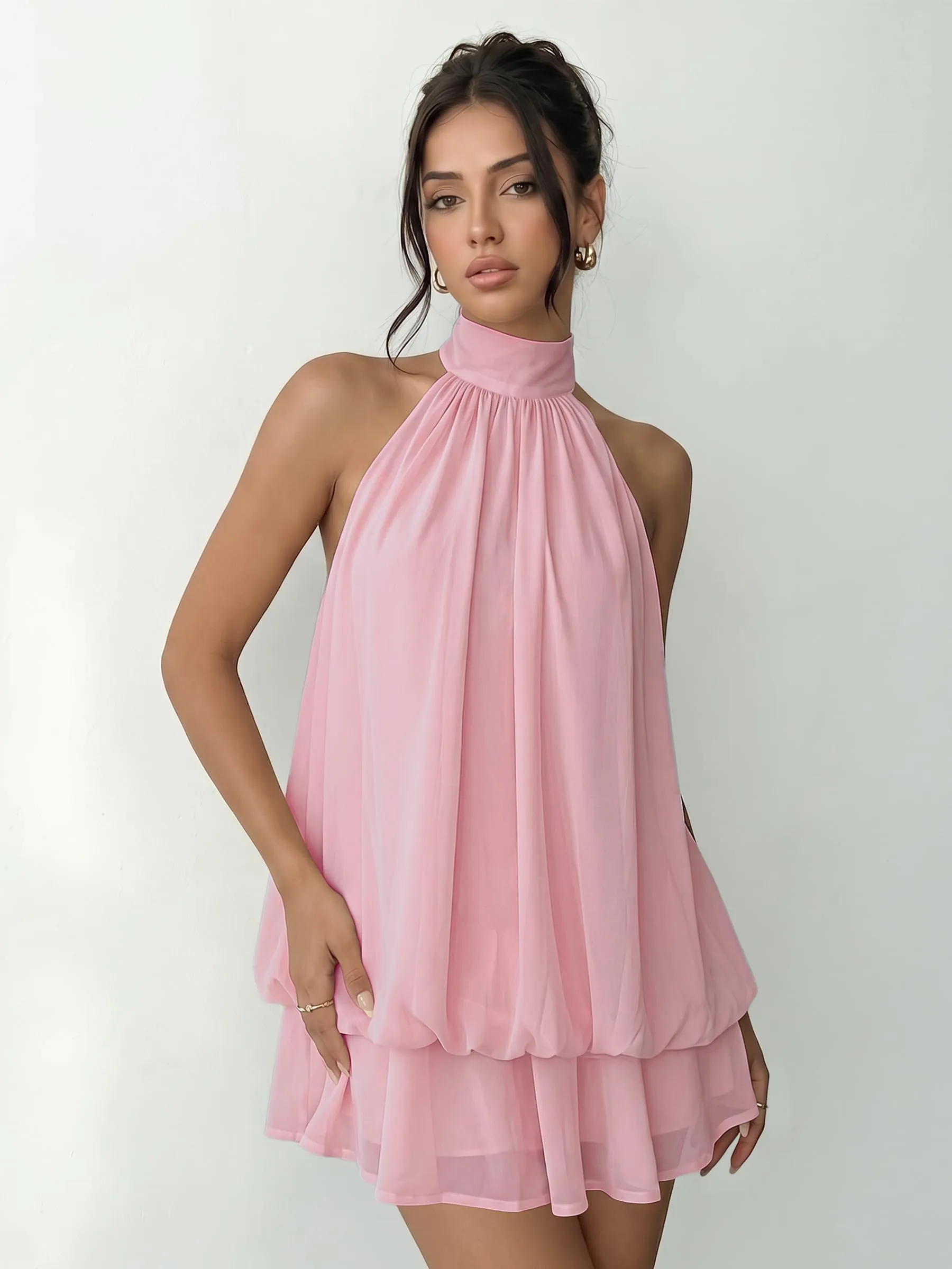 Xiaoliny Vestito Donna Elegante in Chiffon con Scollo Halter, Volant e Schiena Scoperta - immagine 8