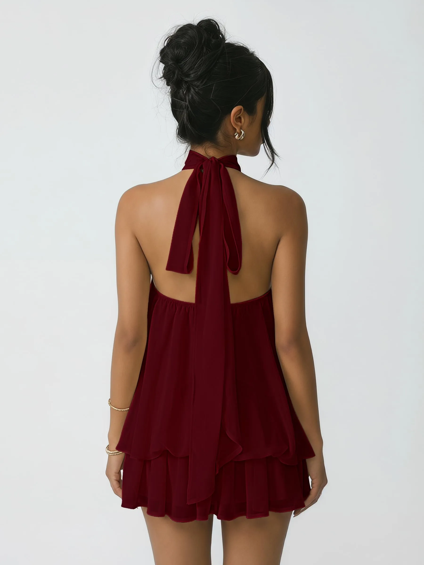 Xiaoliny Vestito Donna Elegante Senza Maniche Mini Abito Scollo Halter in Chiffon con Volant e Schiena Scoperta - immagine 4