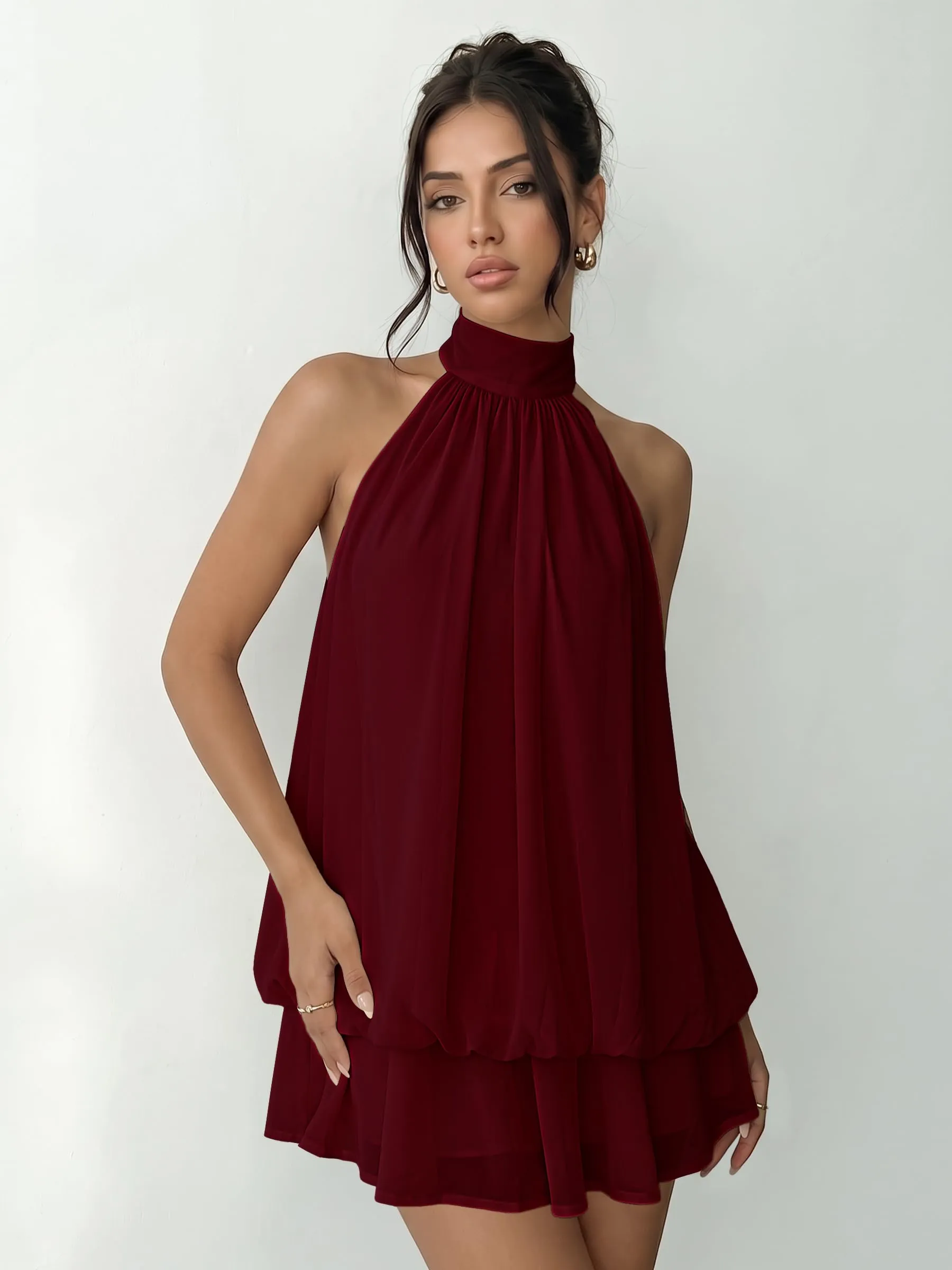 Xiaoliny Vestito Donna Elegante Senza Maniche Mini Abito Scollo Halter in Chiffon con Volant e Schiena Scoperta - immagine 8
