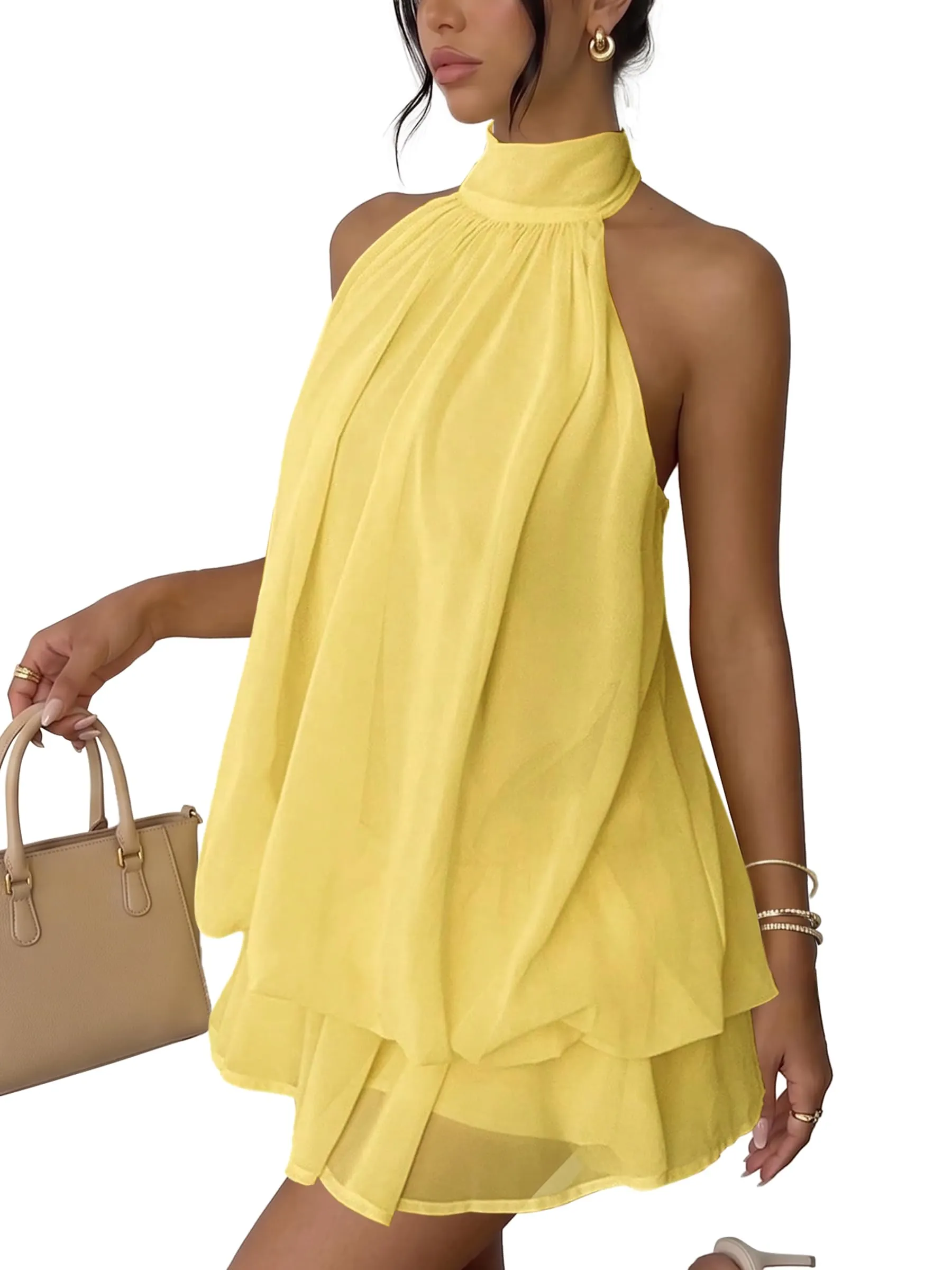Xiaoliny Vestito Donna Elegante Senza Maniche Mini Abito in Chiffon con Scollo Halter e Volant - immagine 1