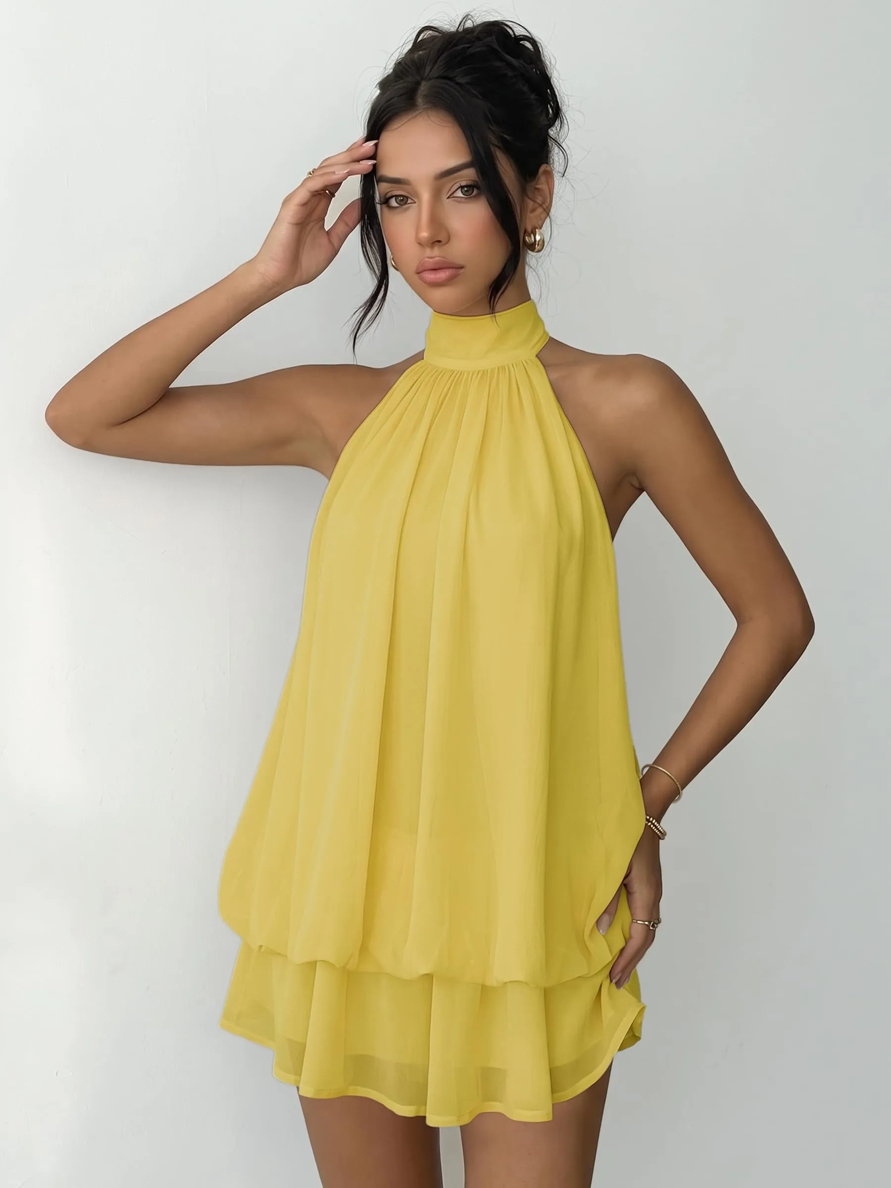 Xiaoliny Vestito Donna Elegante Senza Maniche Mini Abito in Chiffon con Scollo Halter e Volant - immagine 3