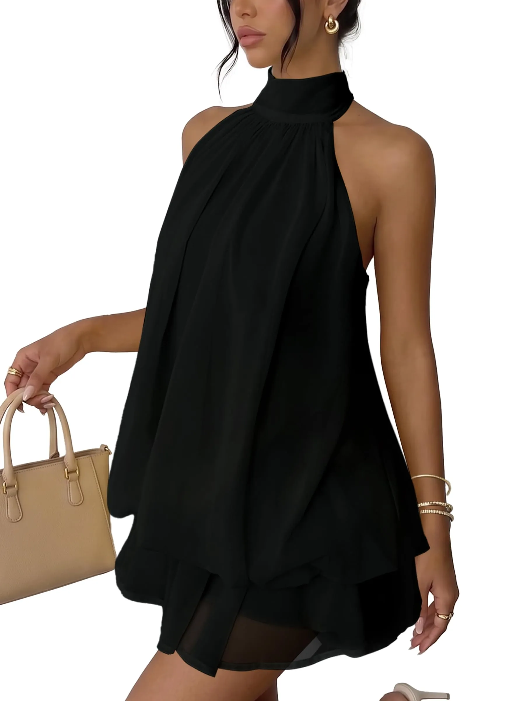 Xiaoliny Vestito Donna Elegante Senza Maniche Mini Abito Scollo Halter e Volant in Chiffon Schiena Scoperta con Laccio - immagine 1