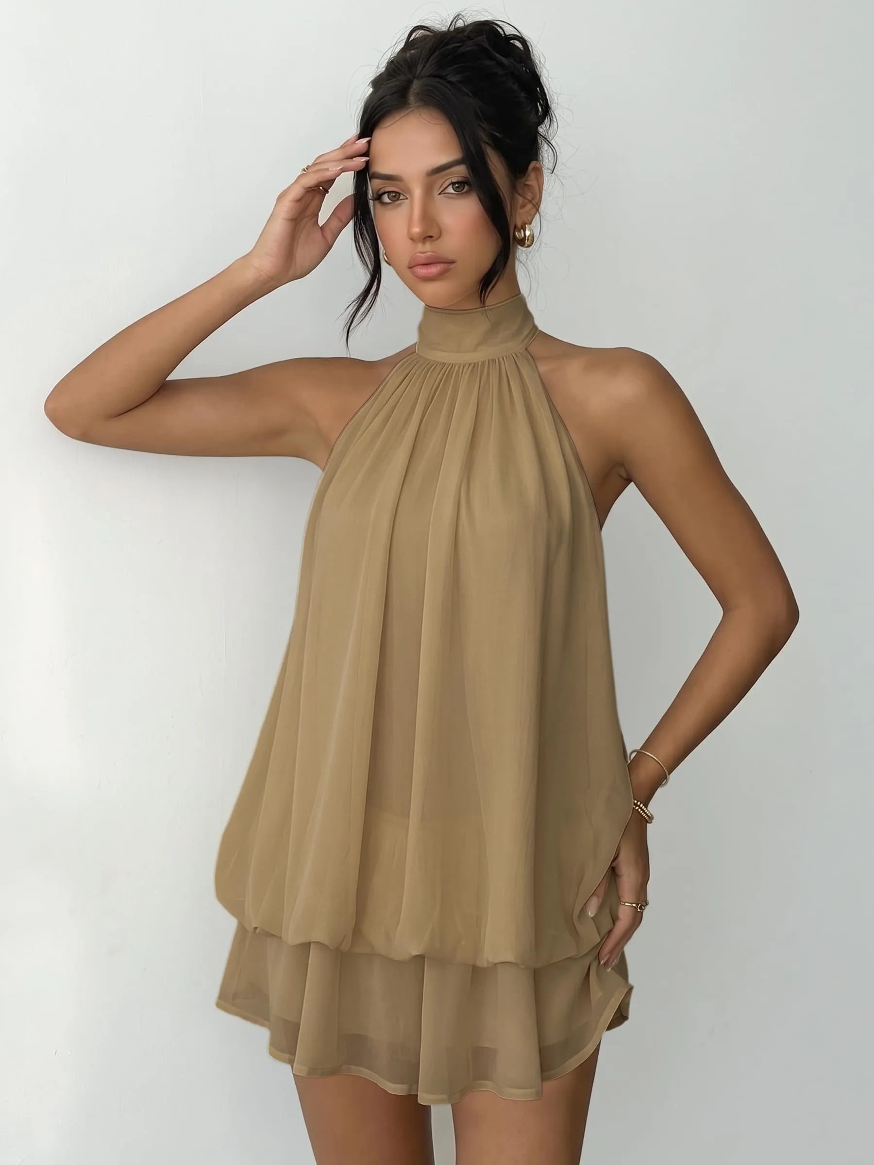 Xiaoliny Vestito Donna Elegante Senza Maniche Mini Abito Scollo Halter e Volant in Chiffon Schiena Scoperta con Laccio - immagine 3