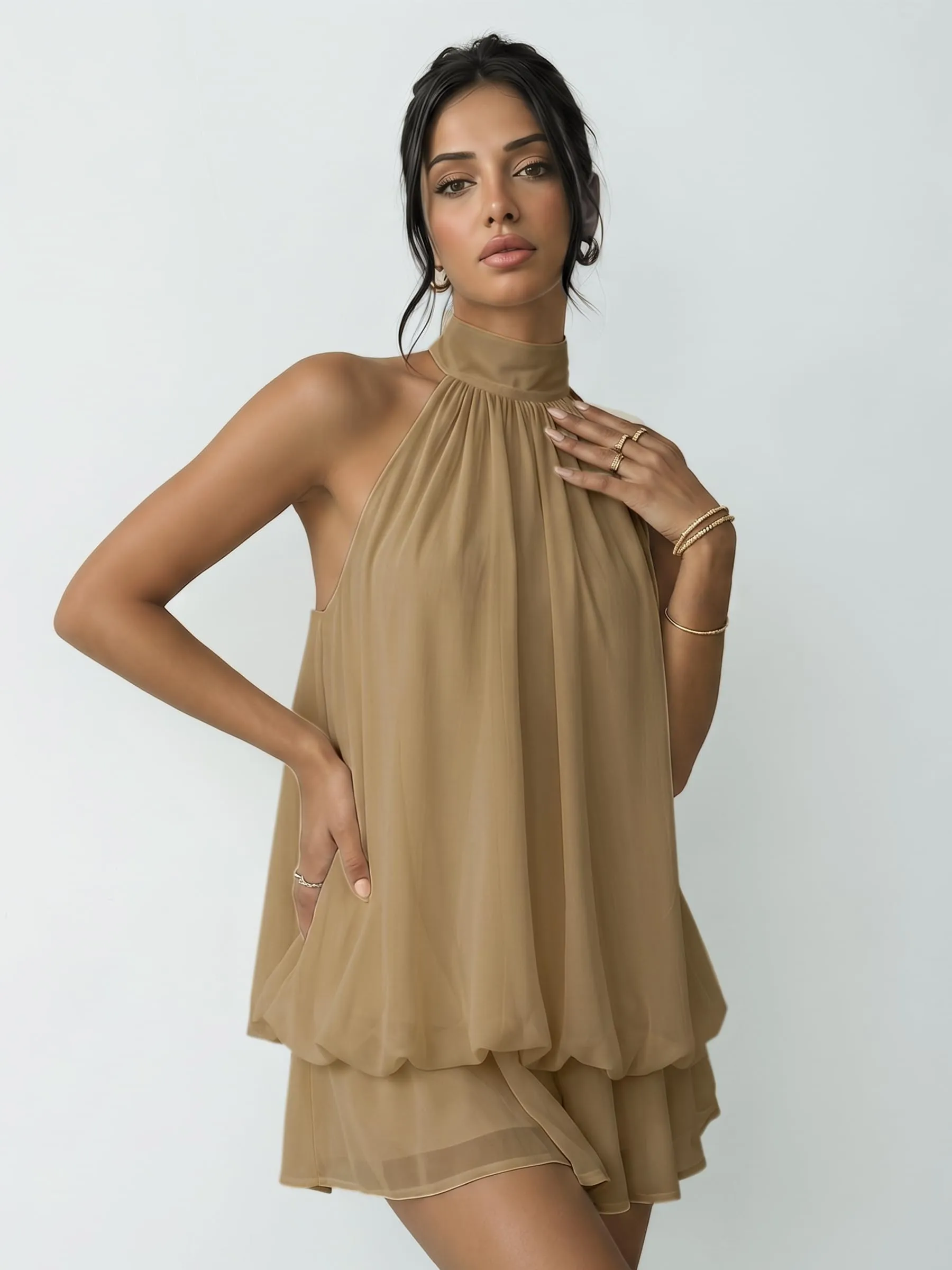 Xiaoliny Vestito Donna Elegante Senza Maniche Mini Abito Scollo Halter e Volant in Chiffon Schiena Scoperta con Laccio - immagine 5