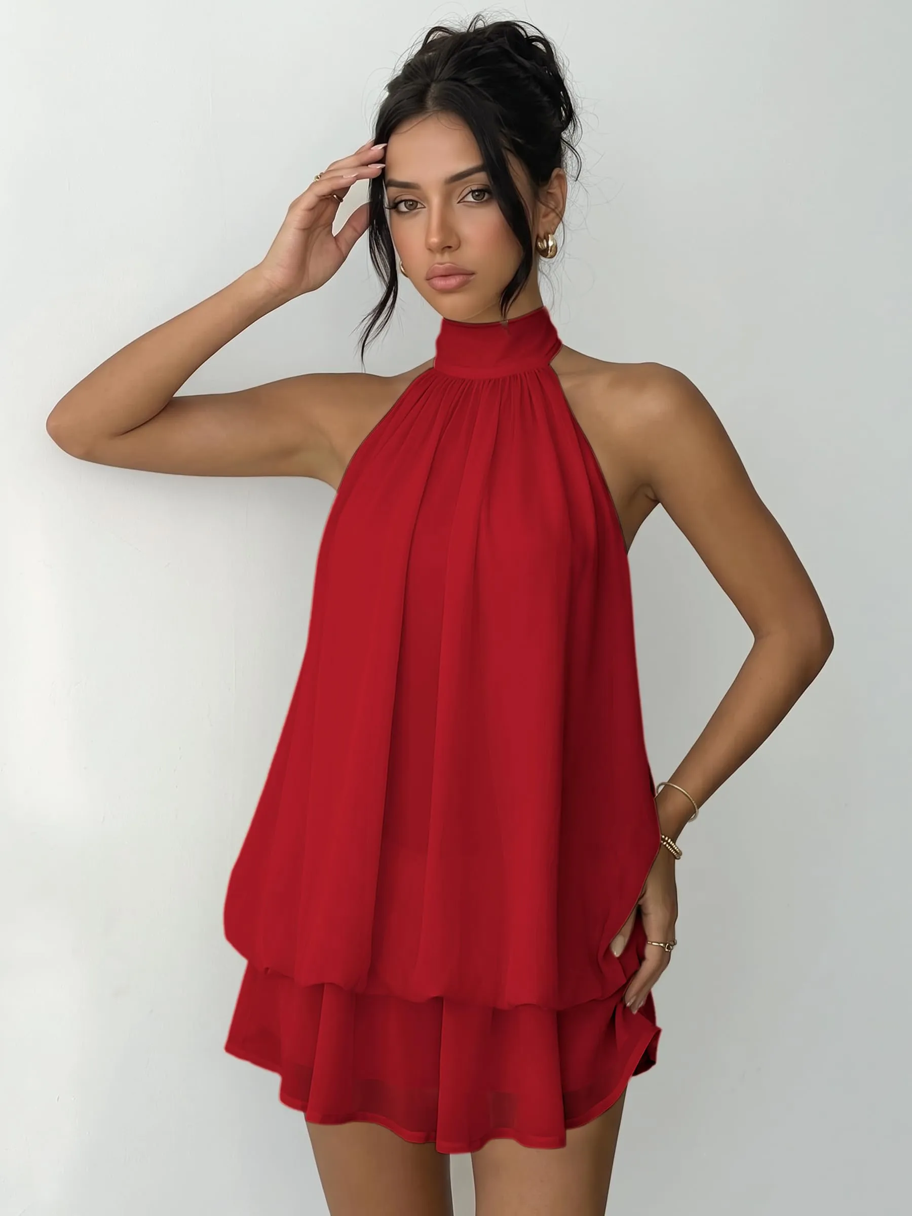 Xiaoliny Vestito Donna Elegante Senza Maniche Mini Abito Scollo Halter con Volant in Chiffon Schiena Scoperta - immagine 3