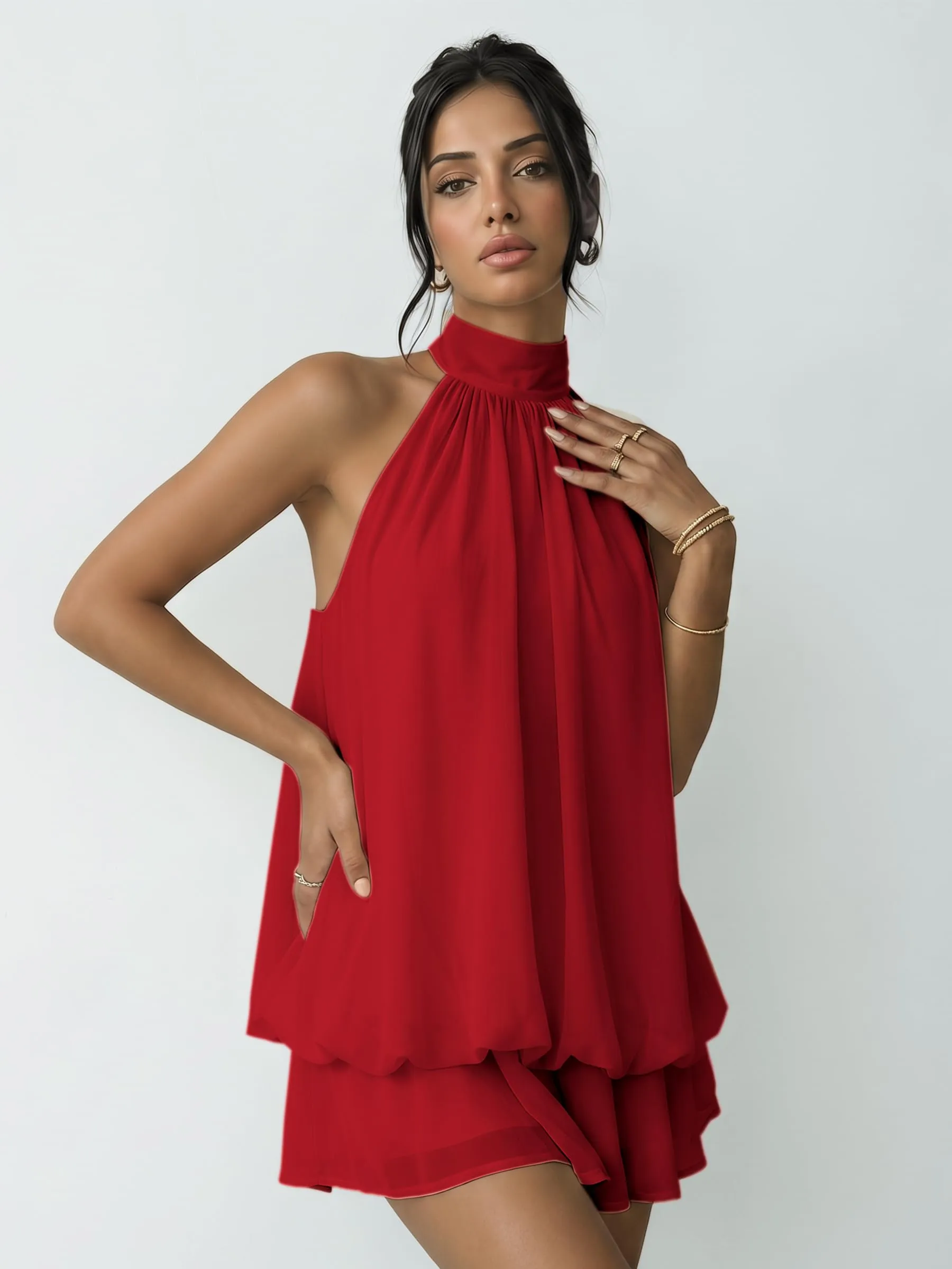 Xiaoliny Vestito Donna Elegante Senza Maniche Mini Abito Scollo Halter con Volant in Chiffon Schiena Scoperta - immagine 5