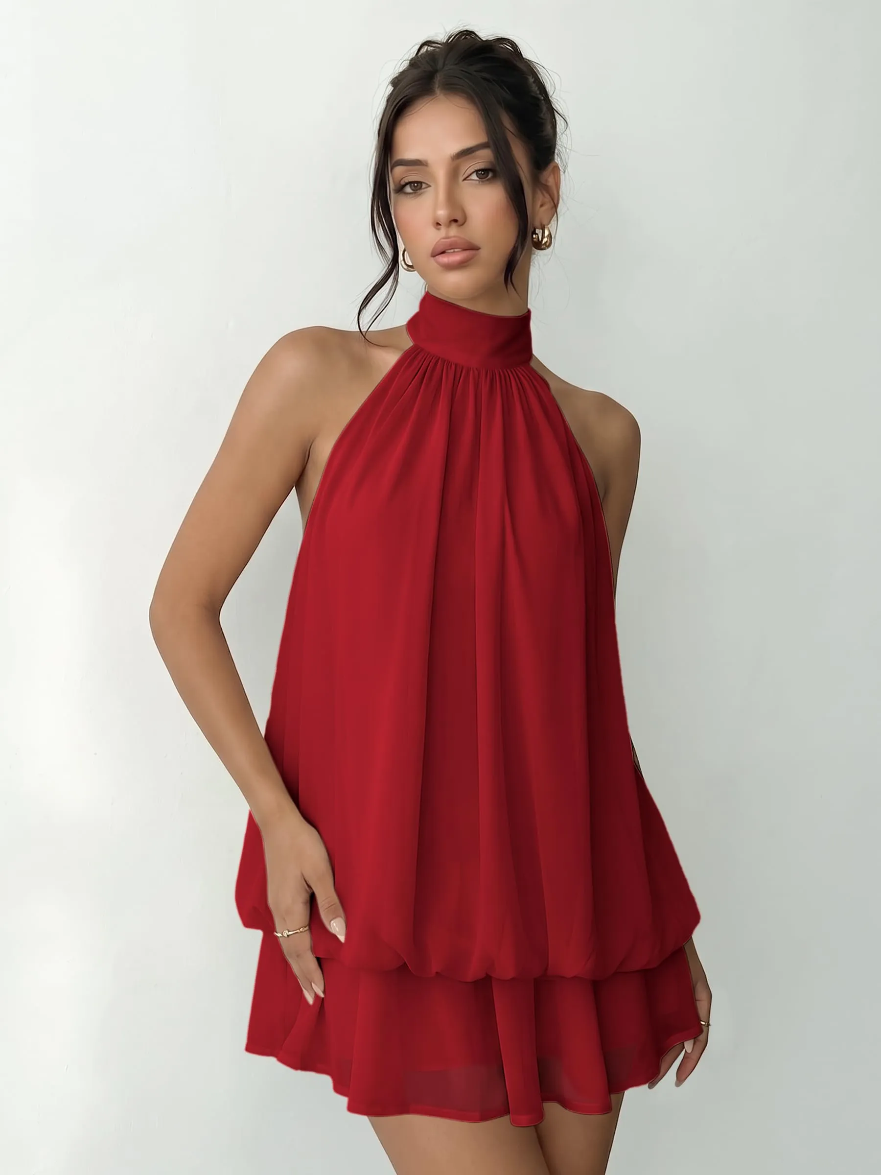 Xiaoliny Vestito Donna Elegante Senza Maniche Mini Abito Scollo Halter con Volant in Chiffon Schiena Scoperta - immagine 6