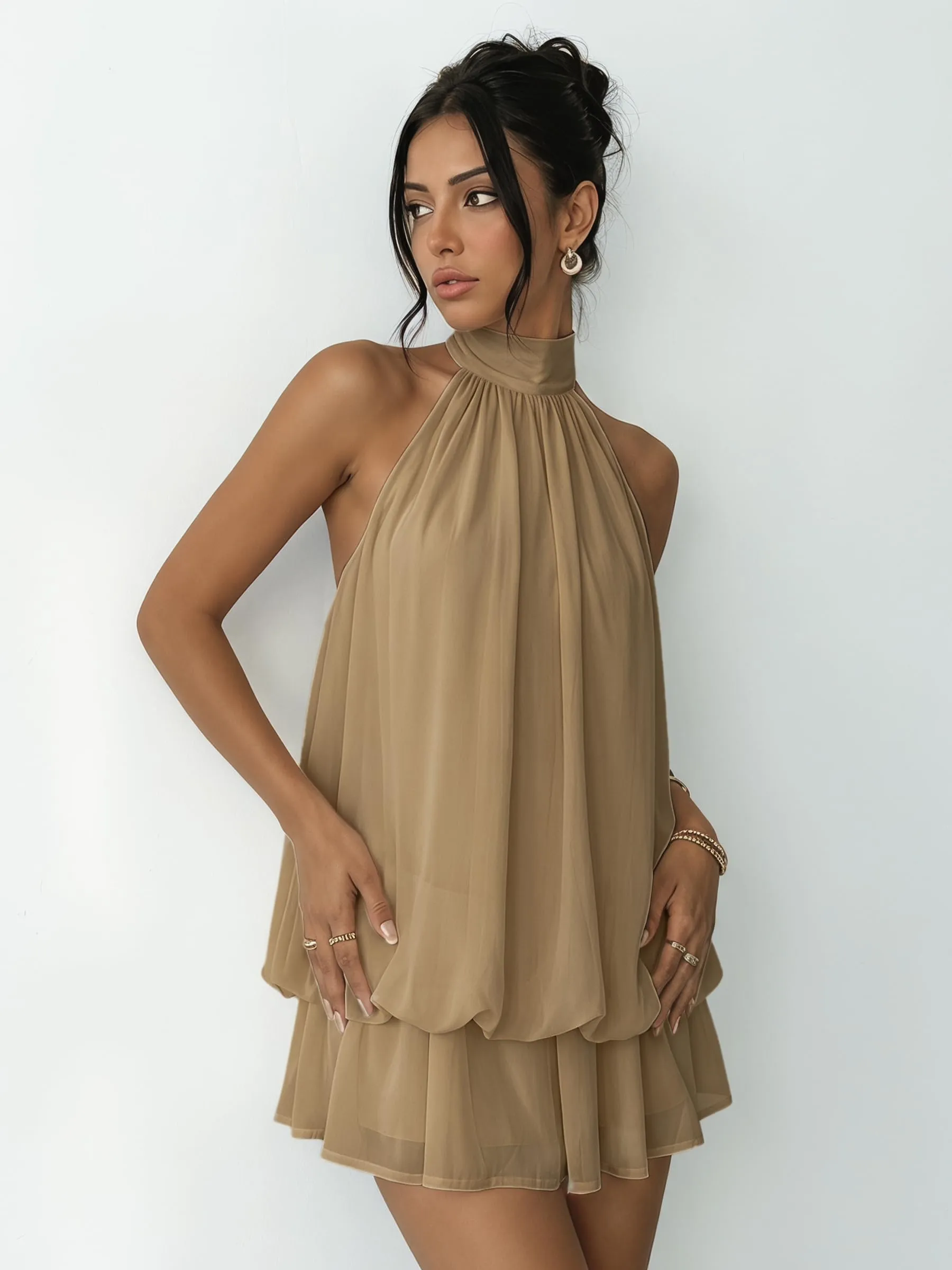 Xiaoliny Vestito Donna Elegante Senza Maniche Mini Abito in Chiffon con Scollo Halter, Volant e Schiena Scoperta - immagine 7