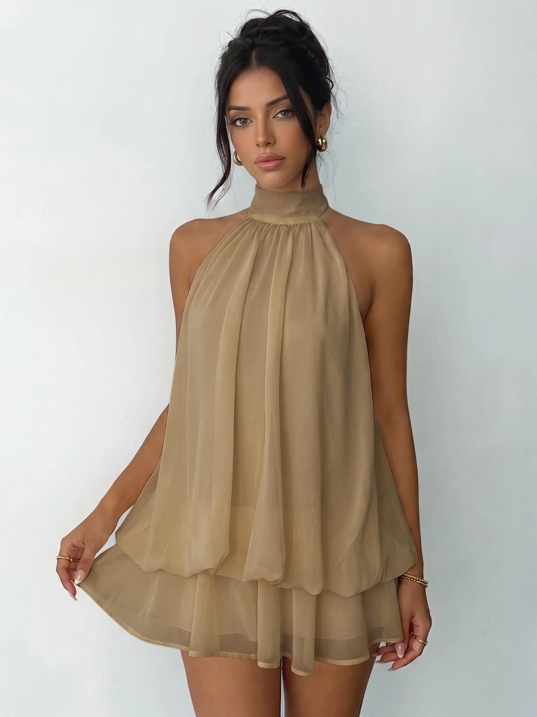 Xiaoliny Vestito Donna Elegante Senza Maniche Mini Abito in Chiffon con Scollo Halter, Volant e Schiena Scoperta - immagine 8