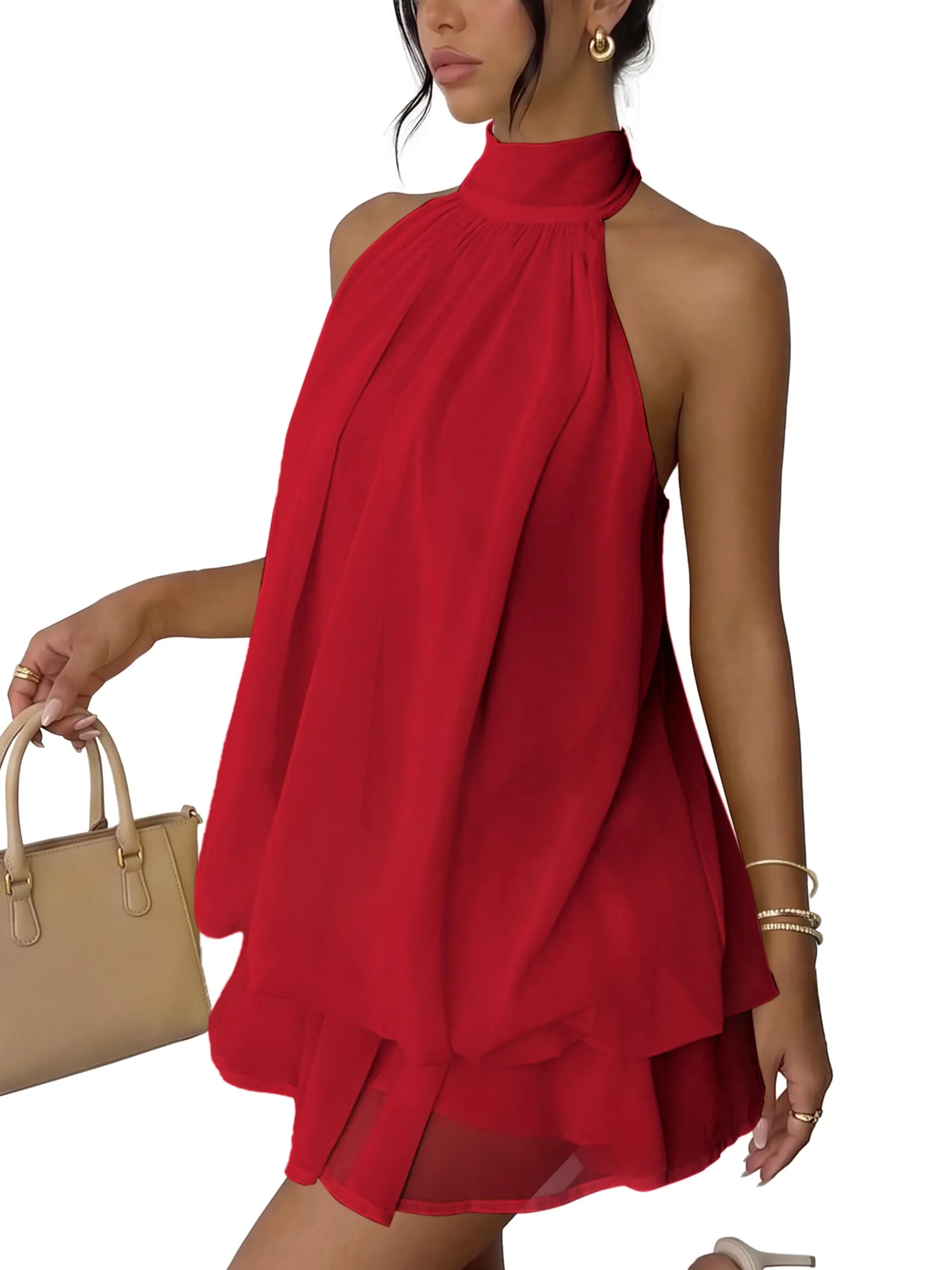 Xiaoliny Vestito Donna Elegante Senza Maniche Mini Abito Scollo Halter con Volant in Chiffon Schiena Scoperta con Laccio - immagine 1