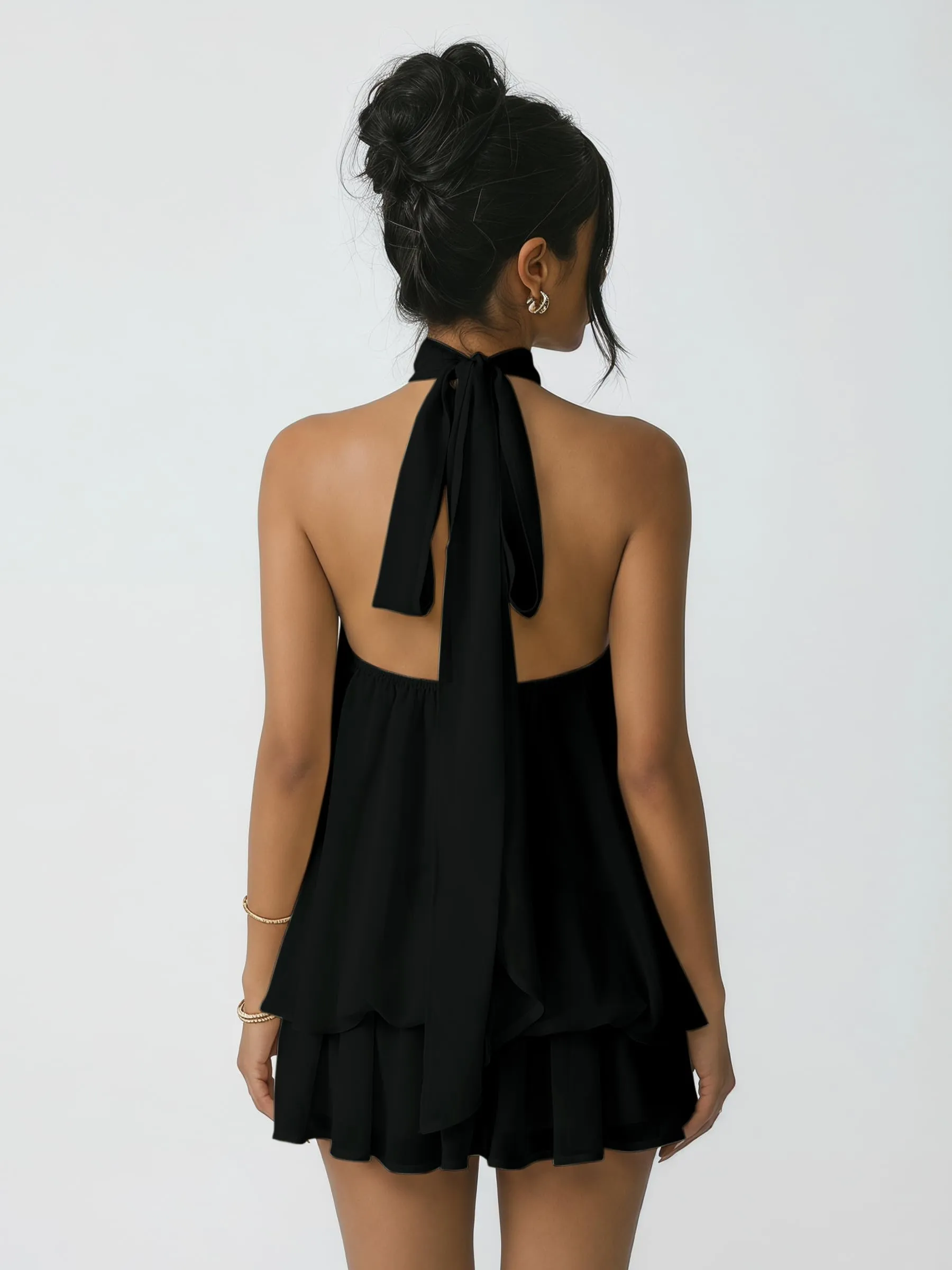 Xiaoliny Vestito Donna Elegante Senza Maniche Mini Abito in Chiffon con Scollo Halter e Volant - immagine 2