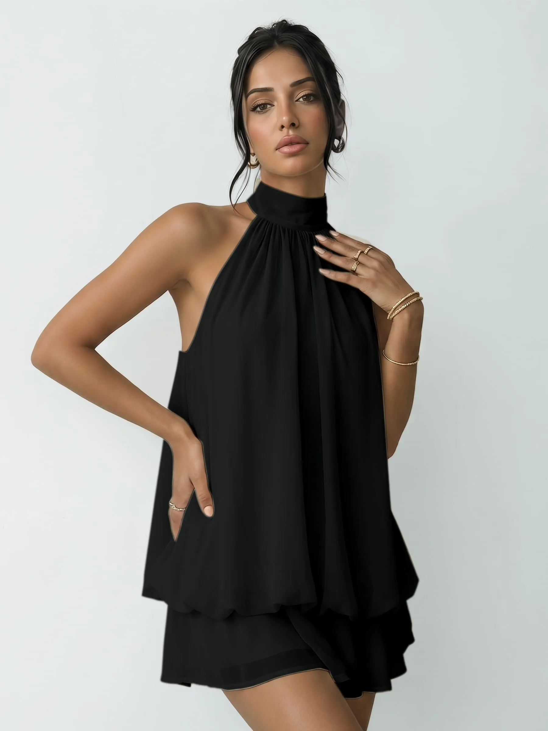 Xiaoliny Vestito Donna Elegante Senza Maniche Mini Abito in Chiffon con Scollo Halter e Volant - immagine 5