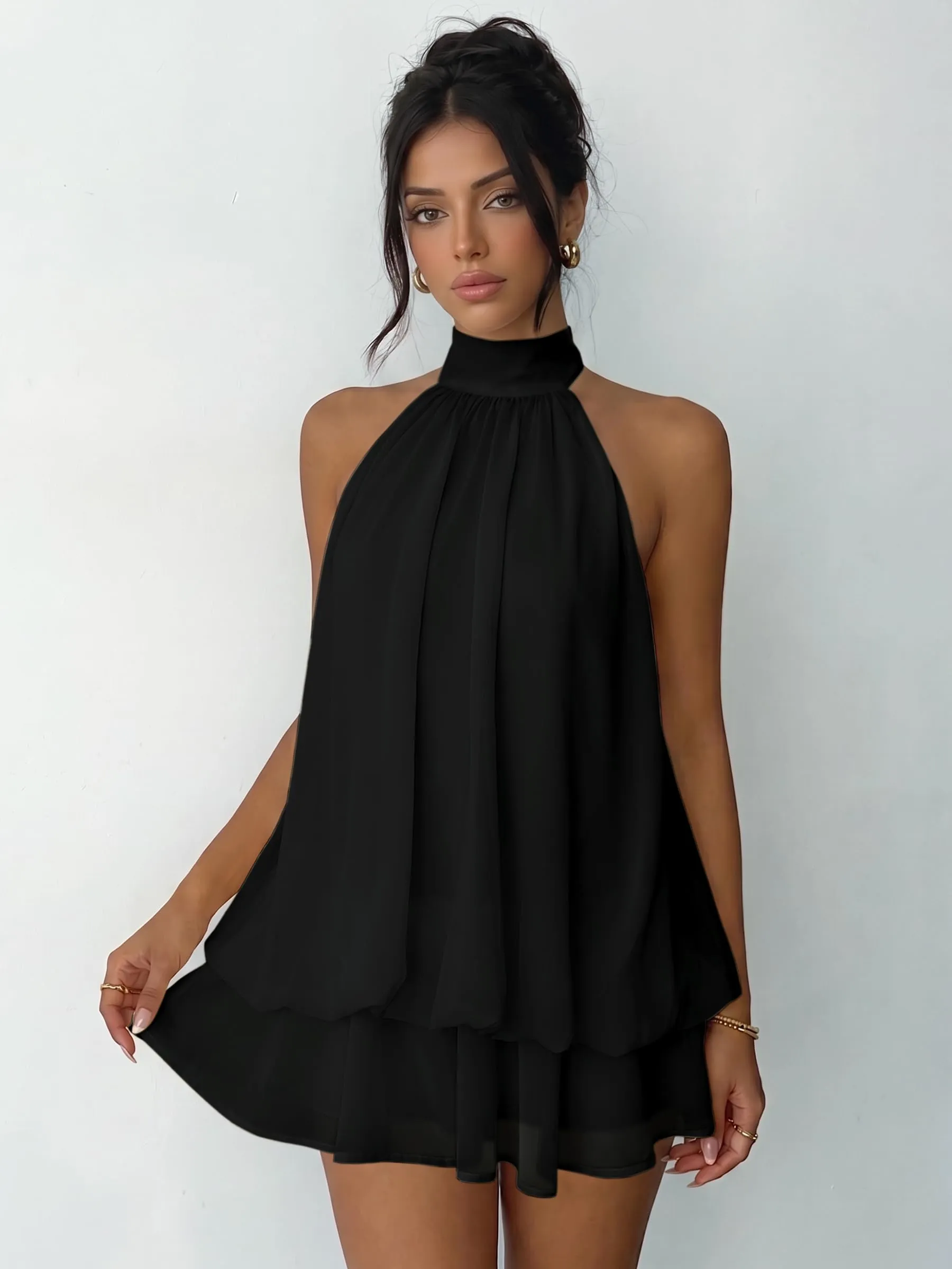 Xiaoliny Vestito Donna Elegante Senza Maniche Mini Abito in Chiffon con Scollo Halter e Volant - immagine 8