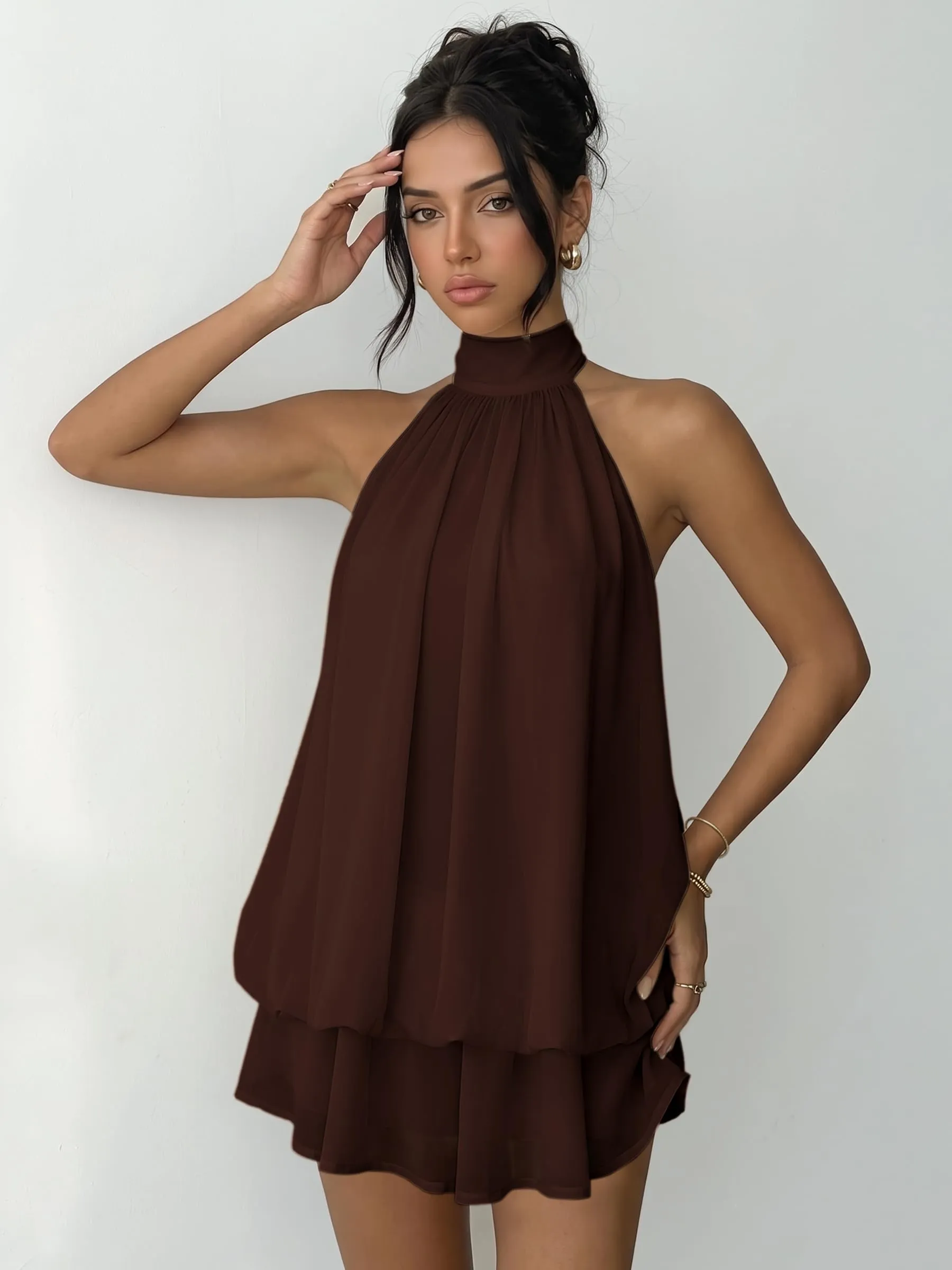 Xiaoliny Vestito Donna Elegante Senza Maniche Mini Abito in Chiffon con Scollo Halter e Volant - immagine 3