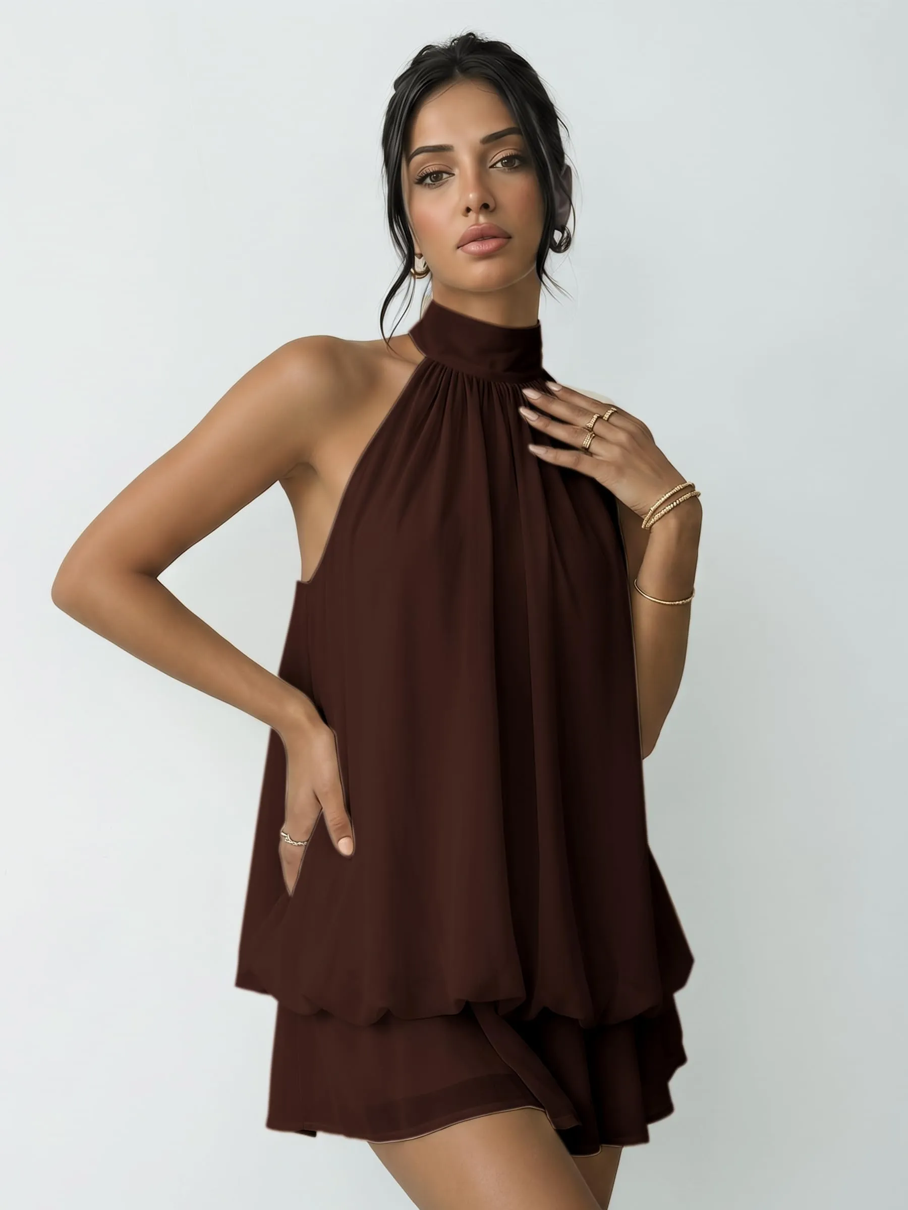 Xiaoliny Vestito Donna Elegante Senza Maniche Mini Abito in Chiffon con Scollo Halter e Volant - immagine 5
