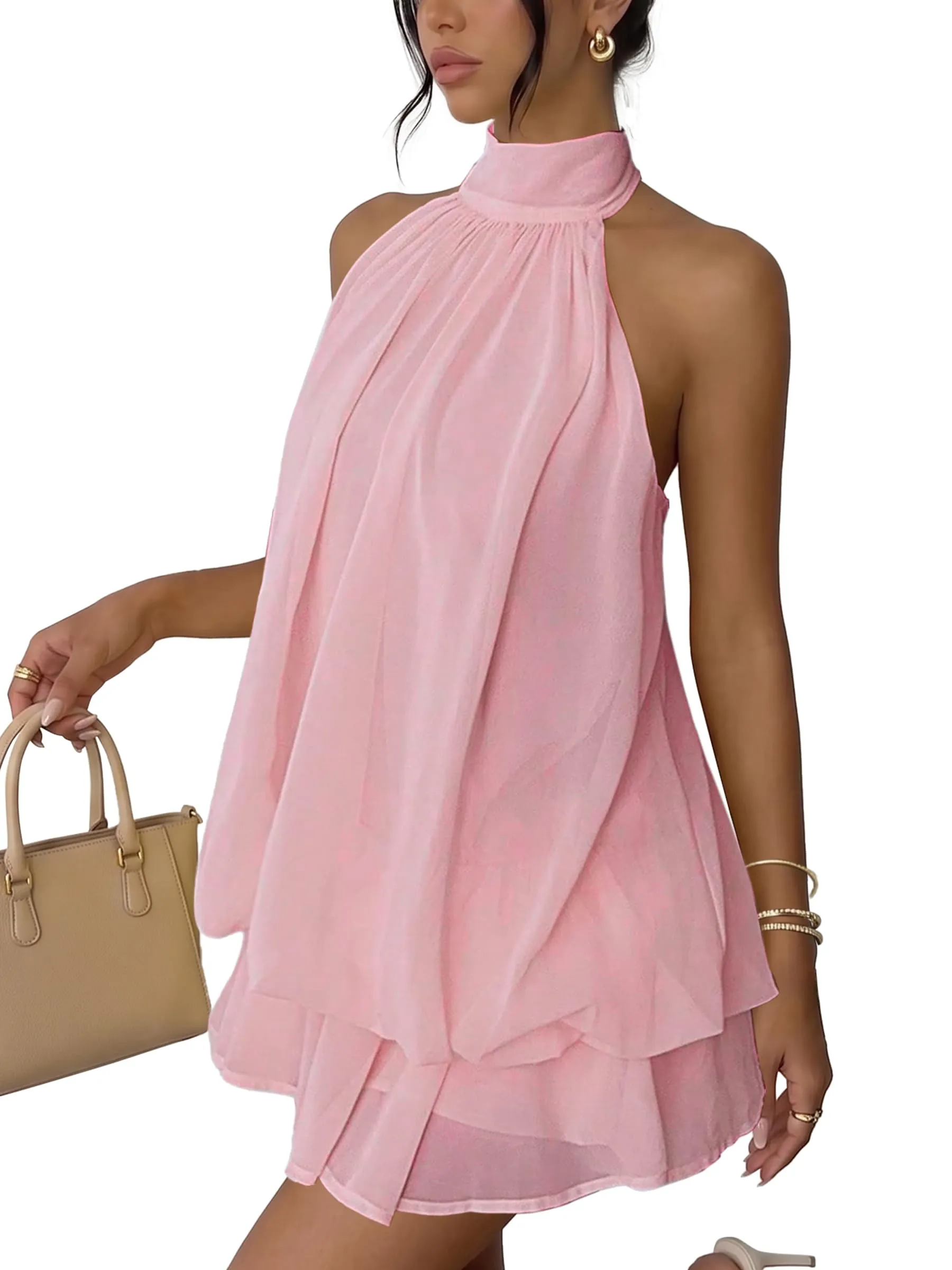 Xiaoliny Vestito Donna Elegante Senza Maniche Mini Abito Scollo Halter con Volant in Chiffon Schiena Scoperta con Laccio - immagine 2