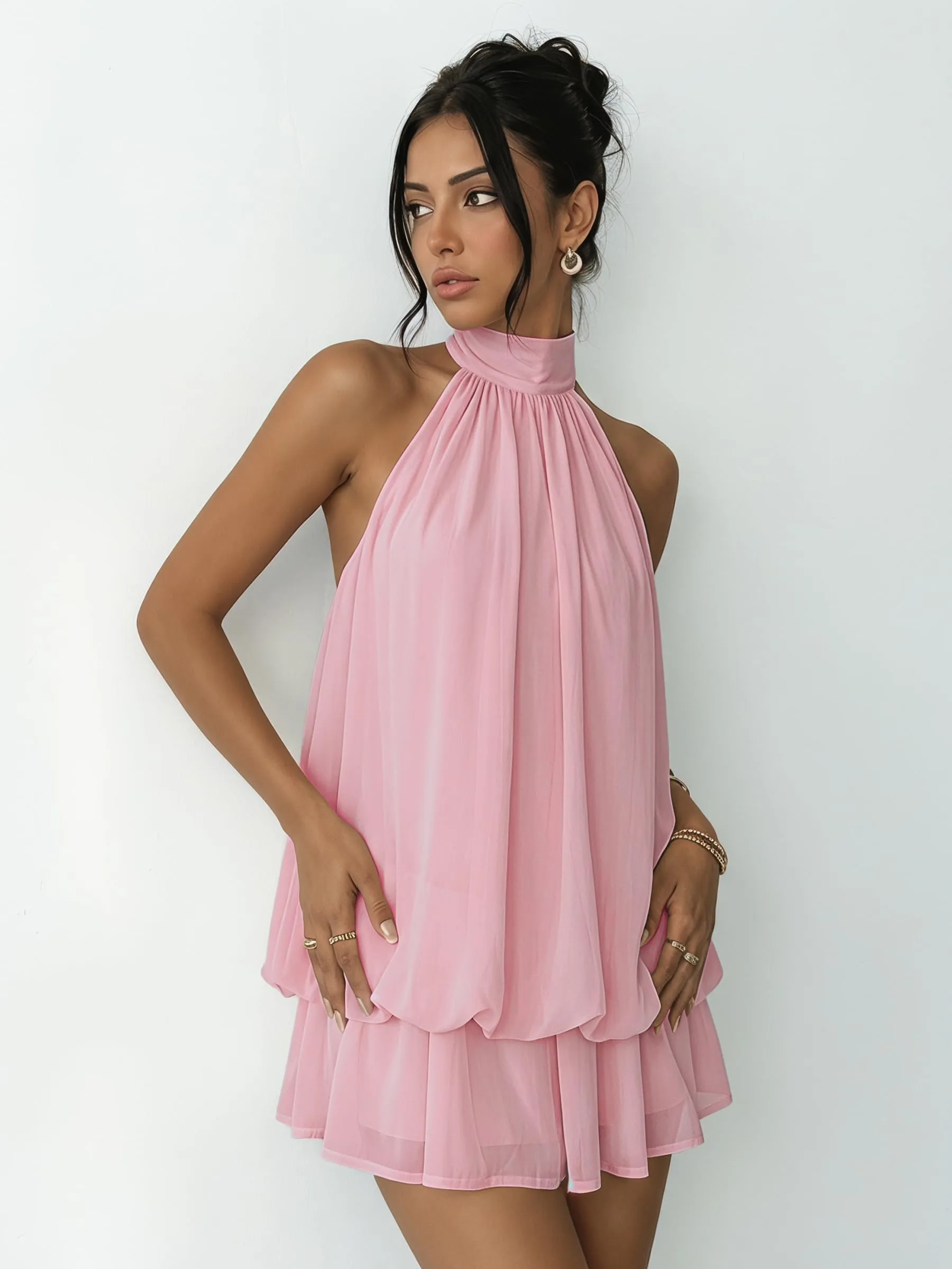 Xiaoliny Vestito Donna Elegante Senza Maniche Mini Abito Scollo Halter con Volant in Chiffon Schiena Scoperta con Laccio - immagine 3