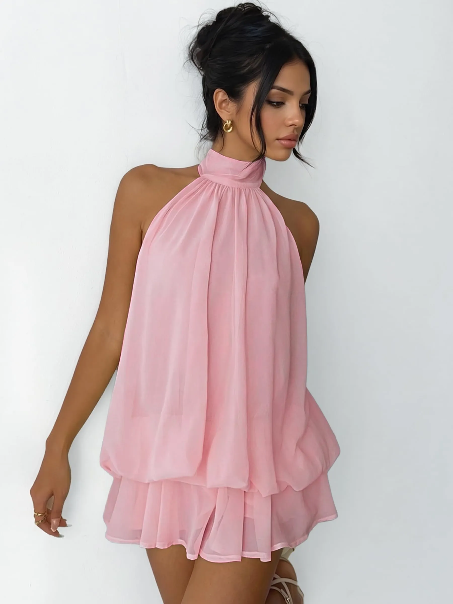 Xiaoliny Vestito Donna Elegante Senza Maniche Mini Abito Scollo Halter con Volant in Chiffon Schiena Scoperta con Laccio - immagine 5