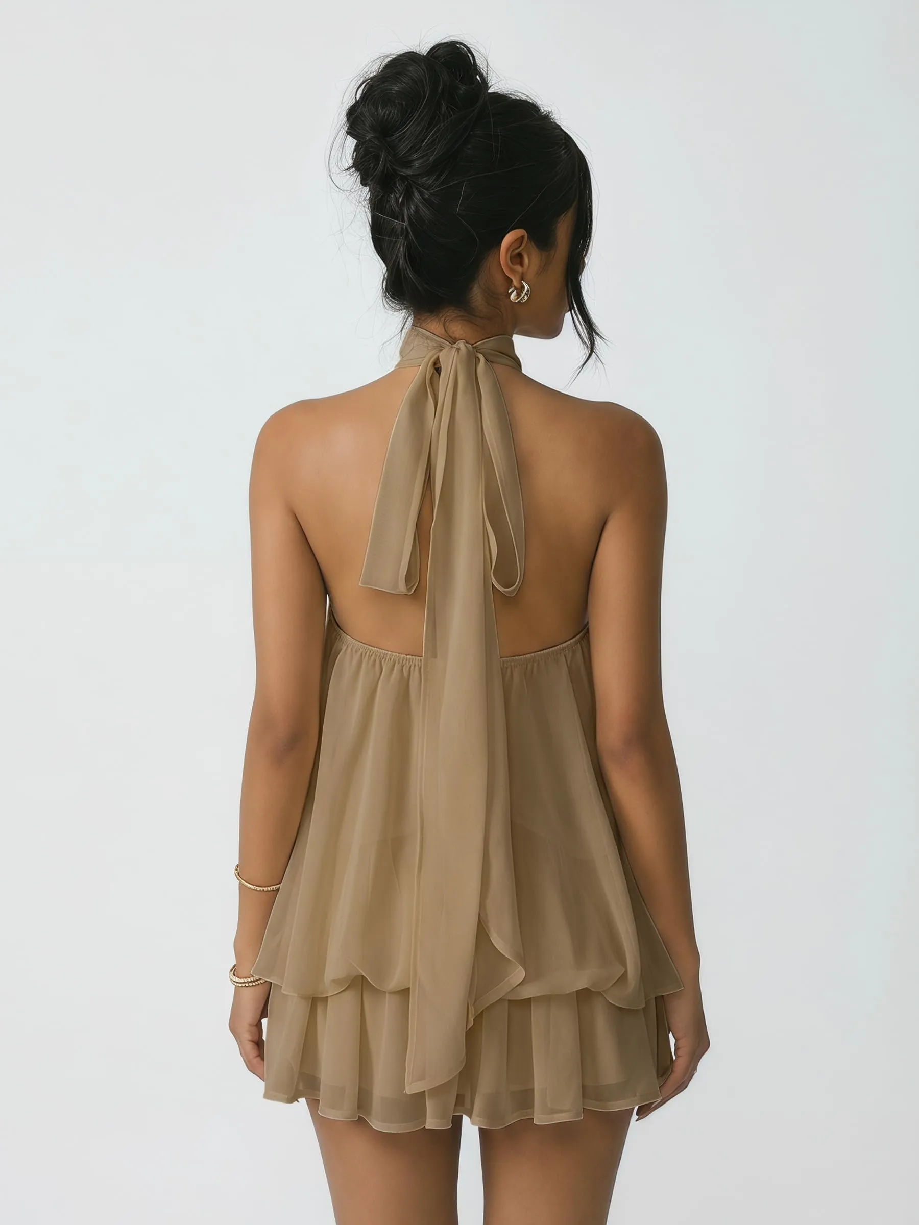 Xiaoliny Vestito Donna Elegante Senza Maniche Mini Abito Scollo Halter in Chiffon con Volant e Schiena Scoperta - immagine 2