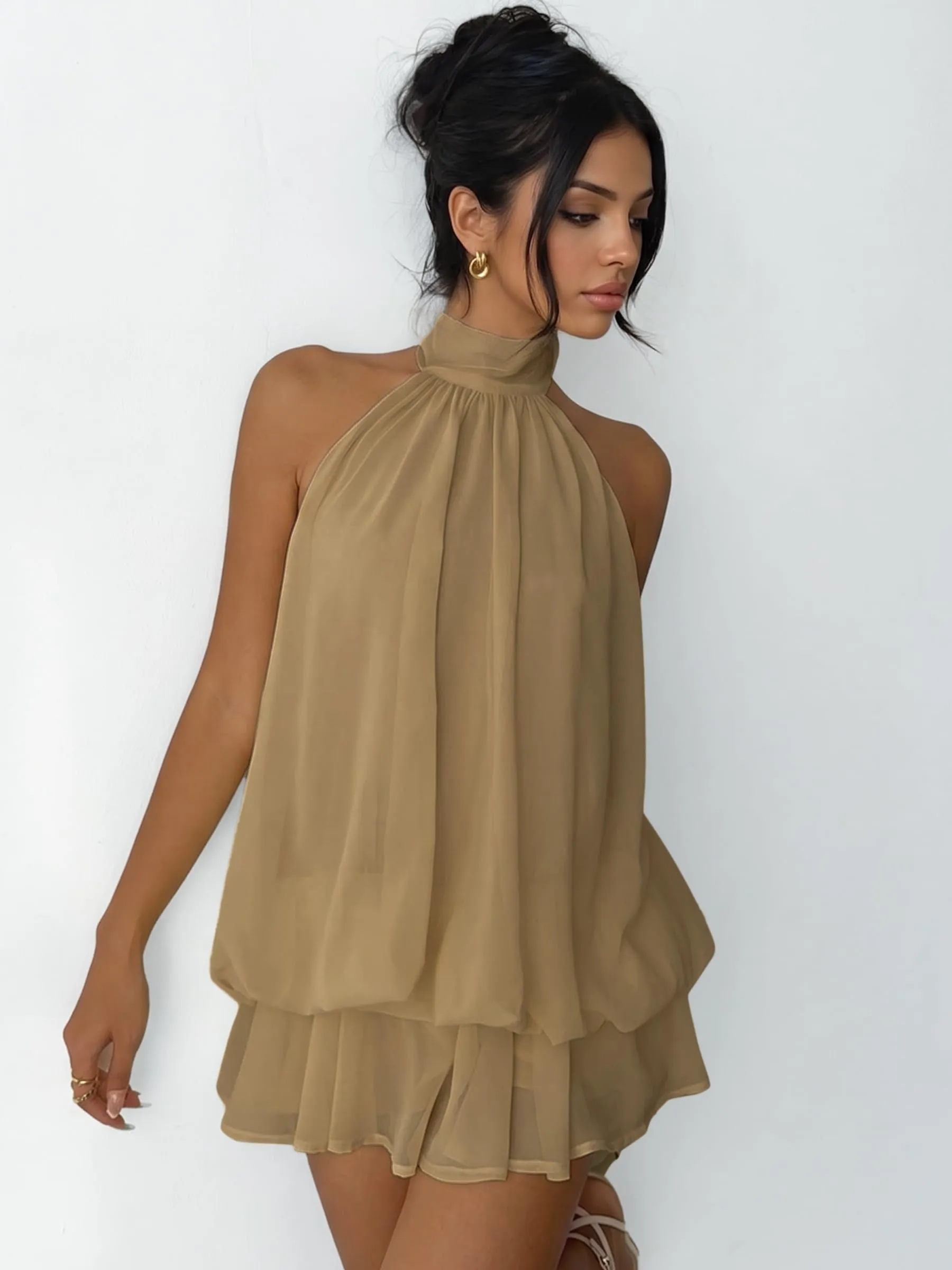 Xiaoliny Vestito Donna Elegante Senza Maniche Mini Abito Scollo Halter in Chiffon con Volant e Schiena Scoperta - immagine 4