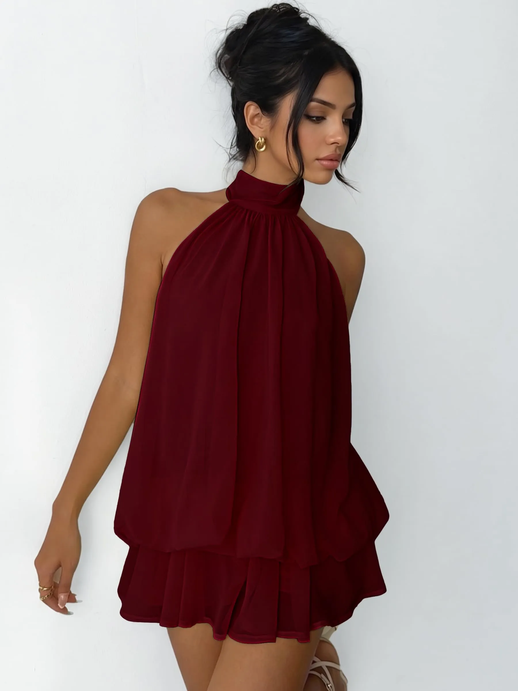 Xiaoliny Vestito Donna Elegante Senza Maniche Mini Abito Scollo Halter e Volant in Chiffon con Schiena Scoperta - immagine 5