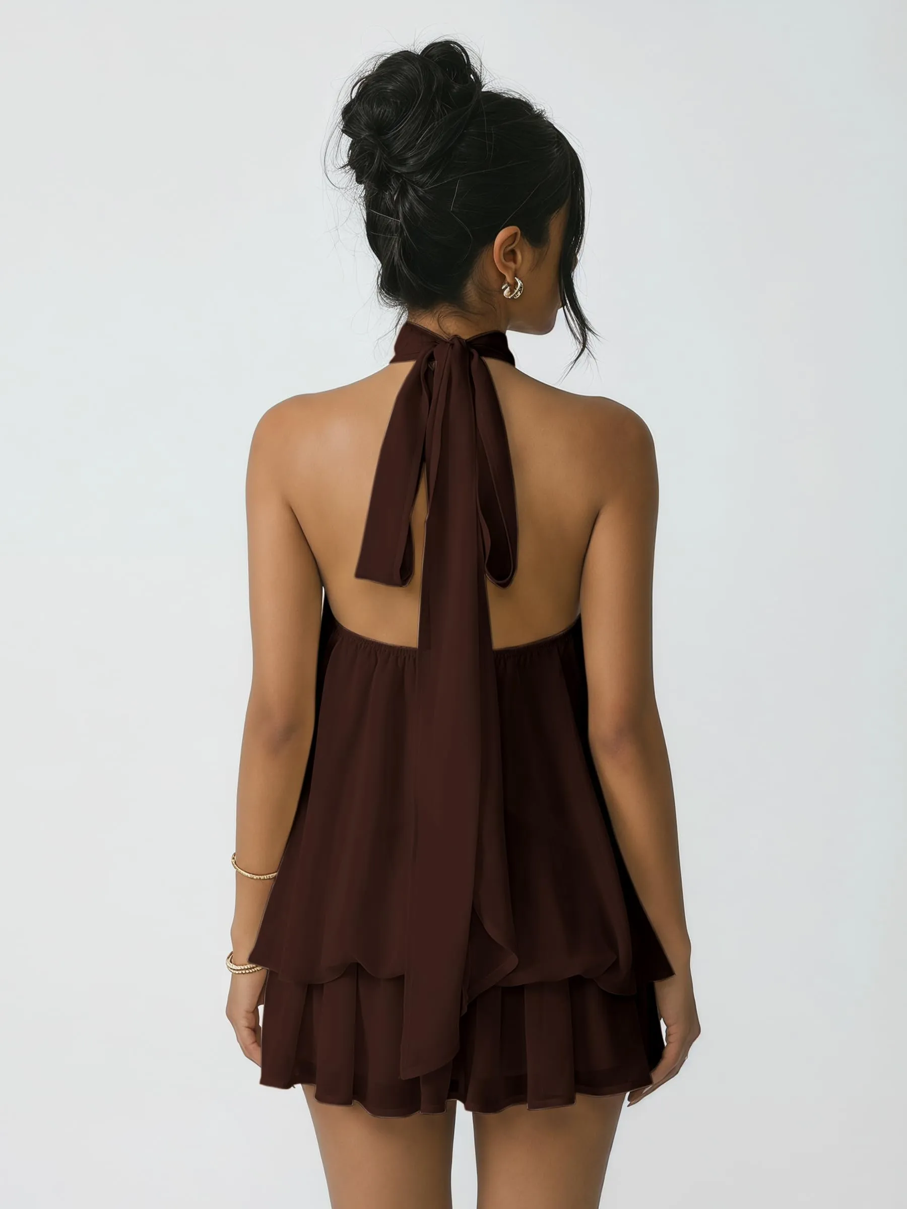 Xiaoliny Vestito Donna Elegante Senza Maniche Mini Abito in Chiffon con Scollo Halter e Volant - immagine 2