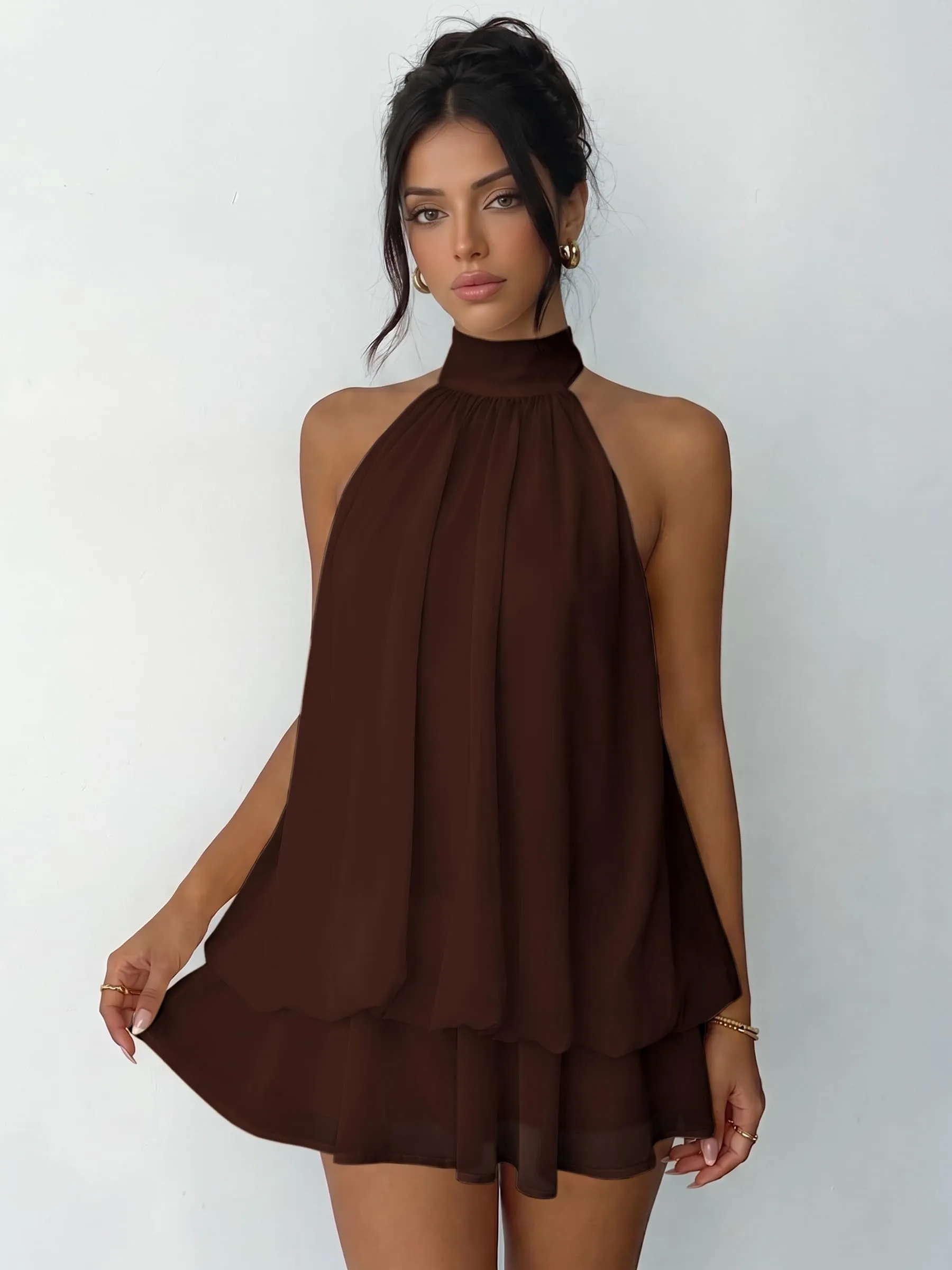 Xiaoliny Vestito Donna Elegante Senza Maniche Mini Abito in Chiffon con Scollo Halter e Volant - immagine 8