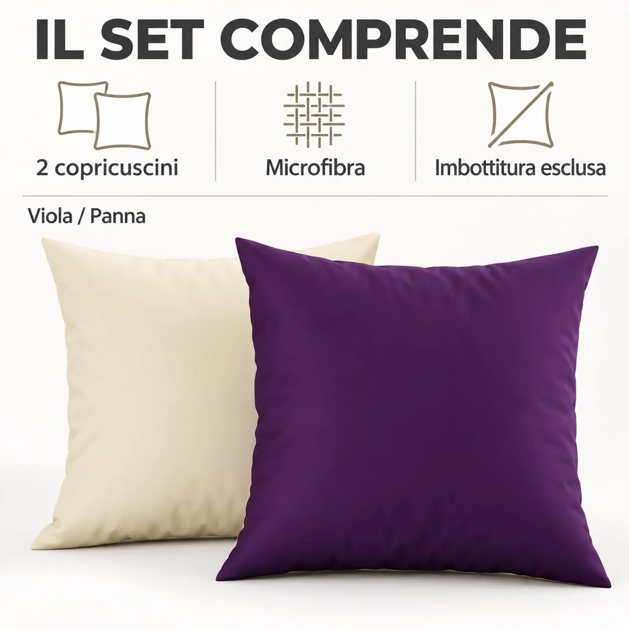PETTI Artigiani Italiani Coppia di Federe Cuscino 60x60 cm in Microfibra Double Face Viola Panna, Set di 2 - immagine 5