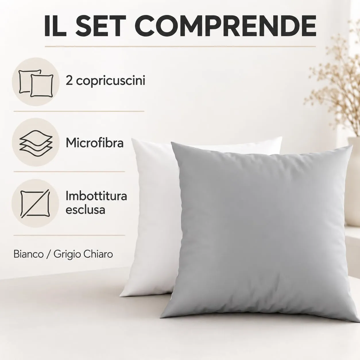PETTI Artigiani Italiani Federe Cuscino 35x35 cm in Microfibra Double Face, Set di 2, Bianco Grigio Chiaro - immagine 5