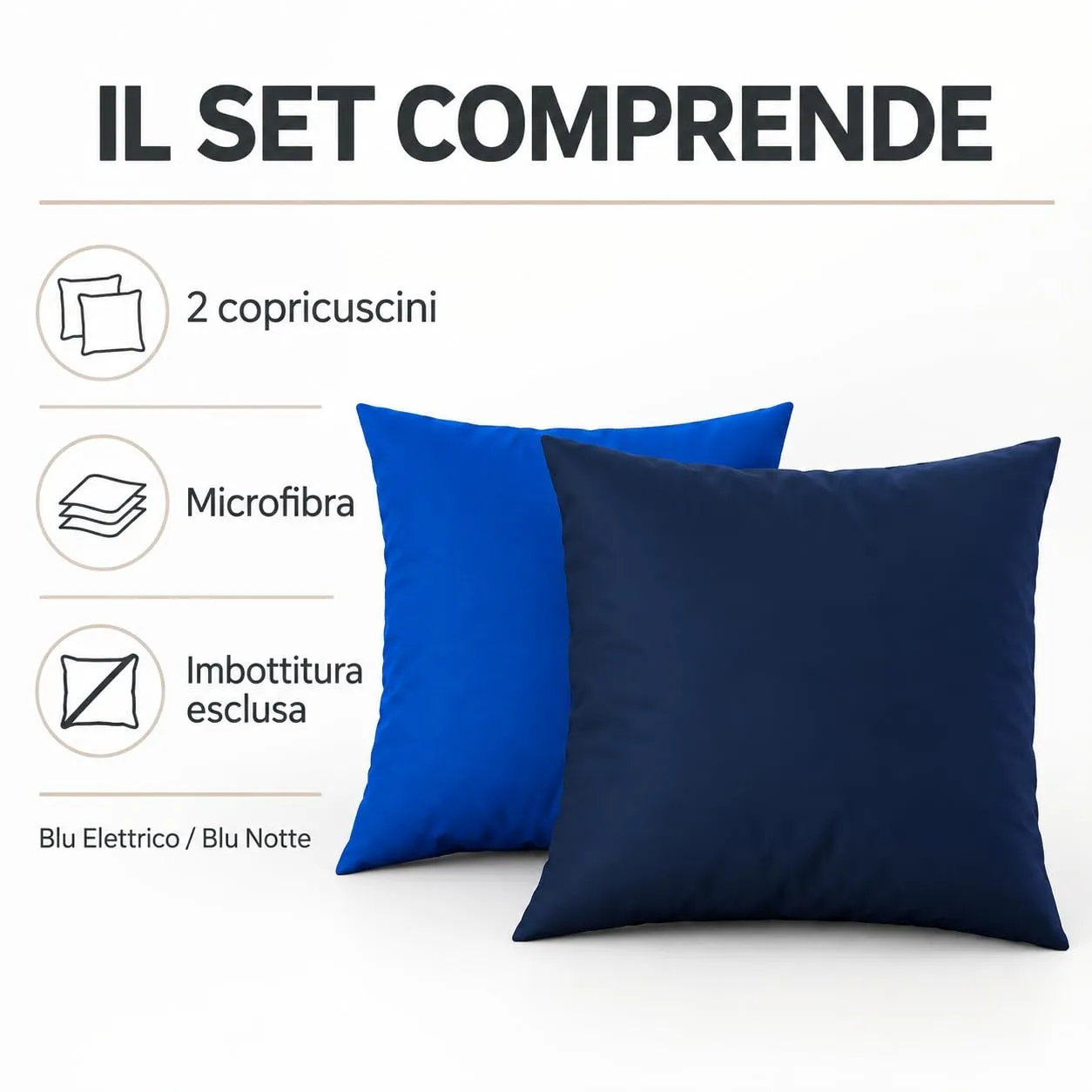 PETTI Artigiani Italiani Federe Cuscino 35x35 cm in Microfibra Double Face, Blu Elettrico e Blu Notte, Set di 2 - immagine 5