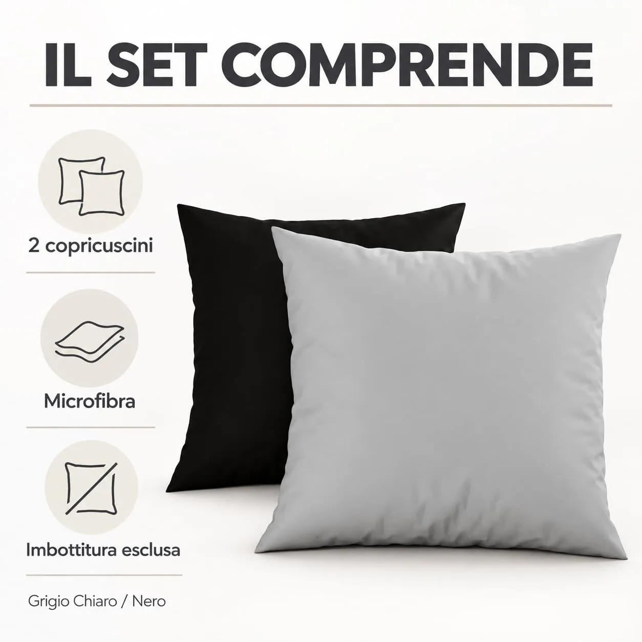 PETTI Artigiani Italiani Coppia di Federe Cuscino 60x60 cm in Microfibra Double Face Nero Grigio Chiaro, Set di 2 - immagine 5