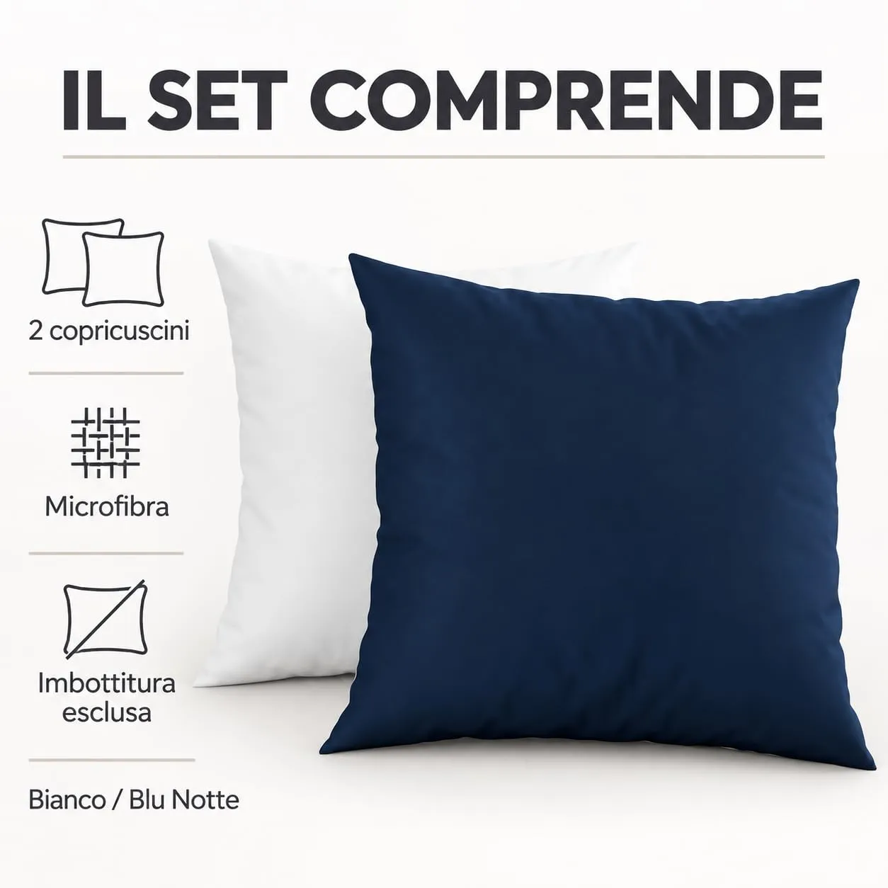 PETTI Artigiani Italiani Coppia di Federe Cuscino 45x45 cm in Microfibra Double Face, Bianco Blu Notte, Set di 2 - immagine 5