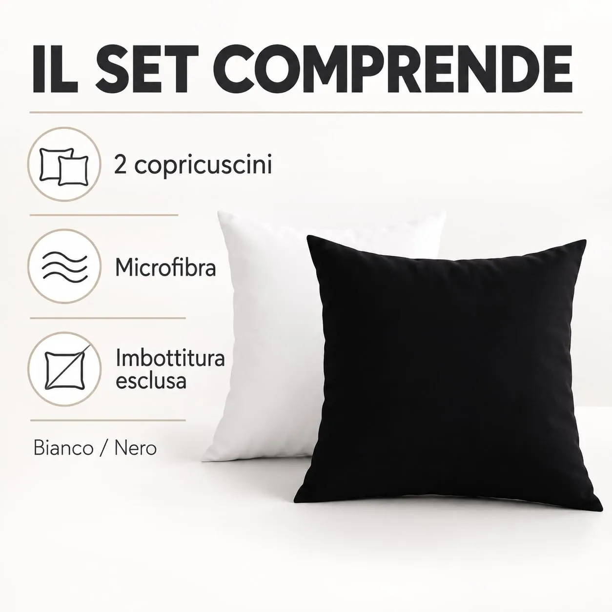 PETTI Artigiani Italiani Federe Cuscino 80x80 cm in Microfibra Double Face, Bianco Nero, Set di 2 - immagine 5