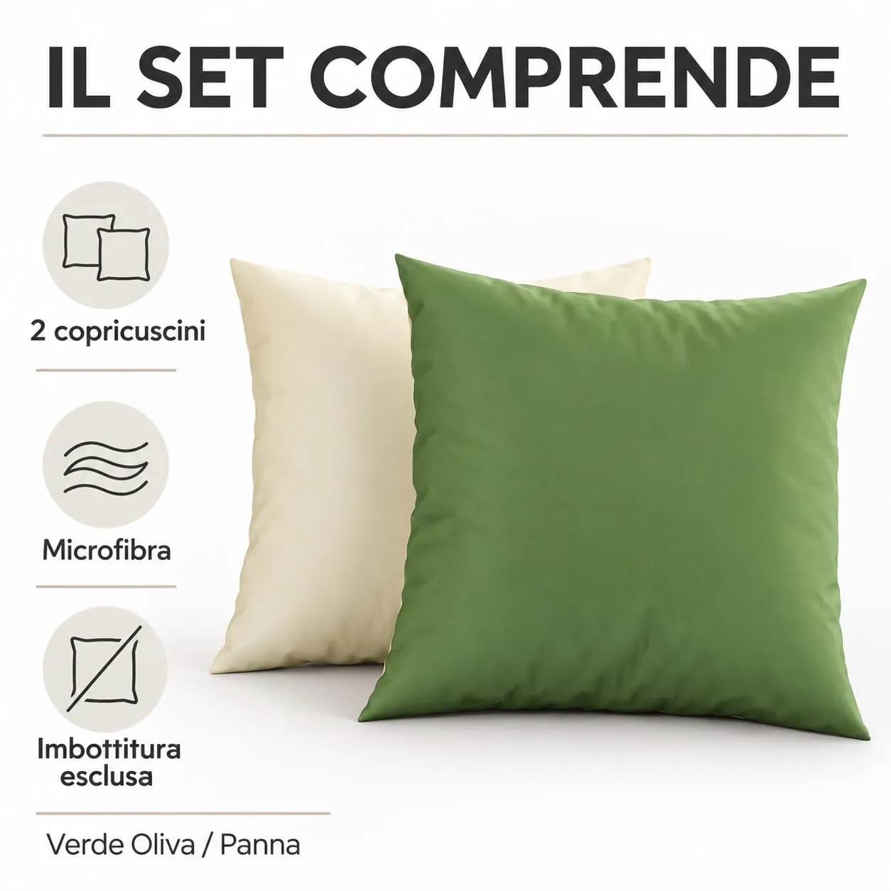 PETTI Artigiani Italiani Coppia di Federe Cuscino 80x80 cm in Microfibra Double Face Verde Oliva Panna, Set 2 - immagine 5