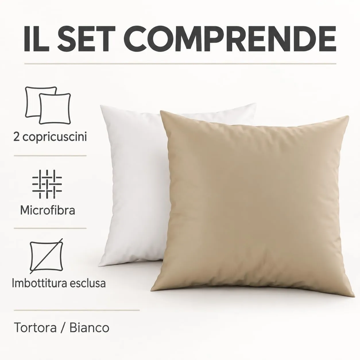 PETTI Artigiani Italiani Coppia di Federe Cuscino 45x45 cm in Microfibra Double Face Tortora Bianco, Set di 2 - immagine 5