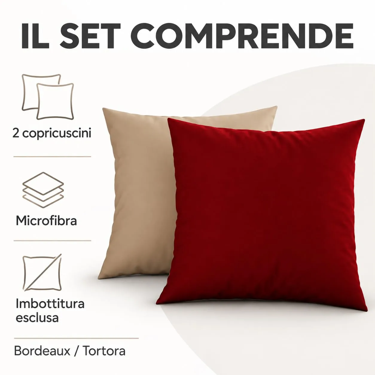 PETTI Artigiani Italiani Coppia di Federe Cuscino 50x50 cm in Microfibra Double Face Bordeaux Tortora, Set di 2 - immagine 5