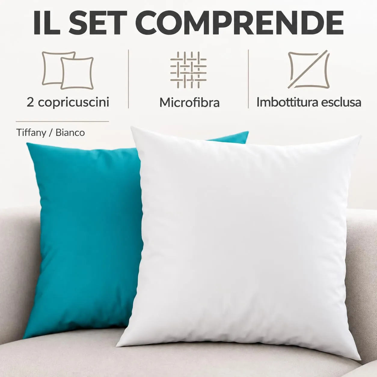 PETTI Artigiani Italiani Coppia di Federe Cuscino 50x50 cm in Microfibra Double Face Tiffany Bianco, Set di 2 - immagine 5