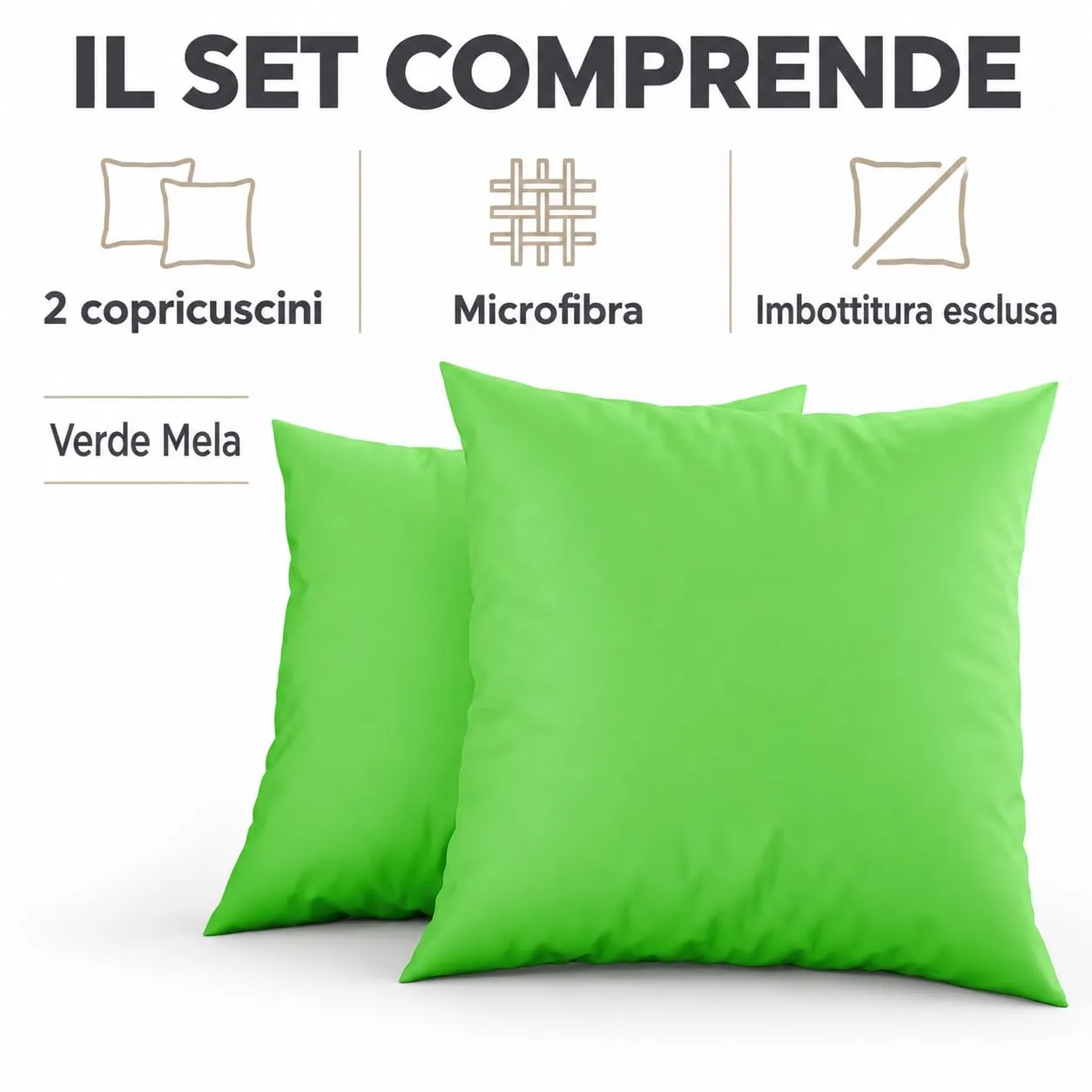 PETTI Artigiani Italiani - Set 2 Federe per Cuscini 65x65 cm in Microfibra, Verde Mela - immagine 5
