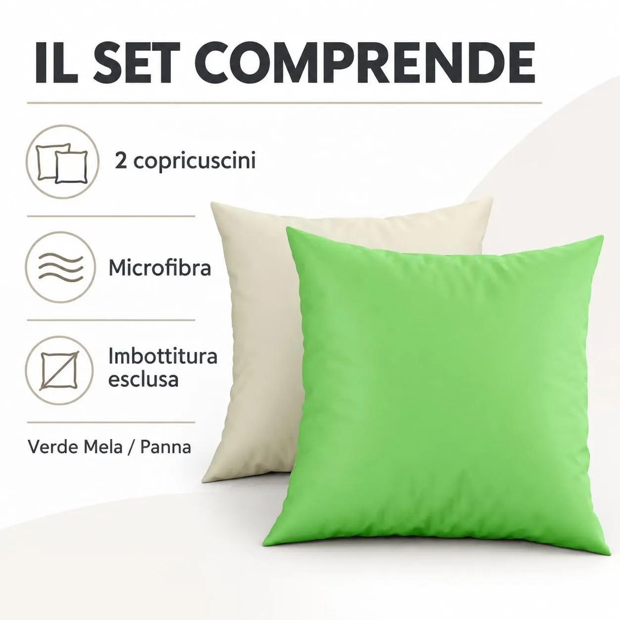 PETTI Artigiani Italiani - Coppia di Federe Cuscino 50x50 cm in Microfibra Double Face Verde Mela Panna, Set di 2 - immagine 5