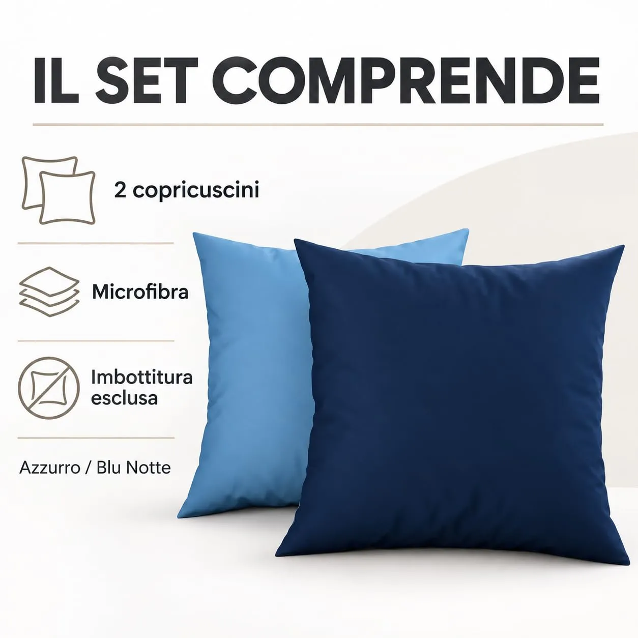 PETTI Artigiani Italiani Coppia di Federe Cuscino 45x45 cm in Microfibra Double Face, Azzurro Blu, Set di 2 - immagine 5