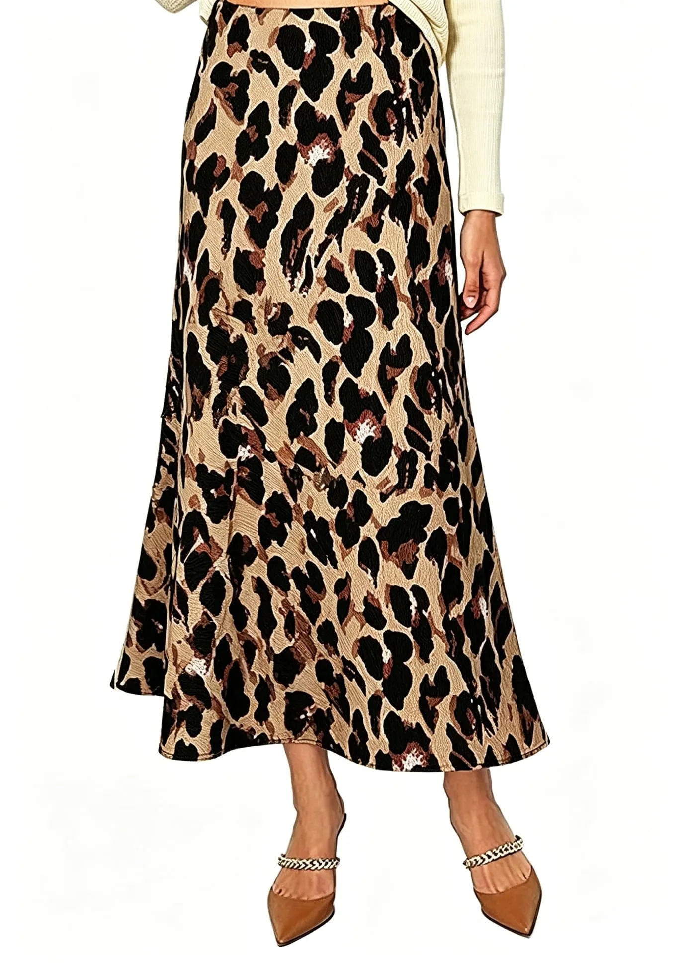 Vossmi Donna Gonna Lunga Vita Alta in Raso Svasata Leopardo, S - immagine 1