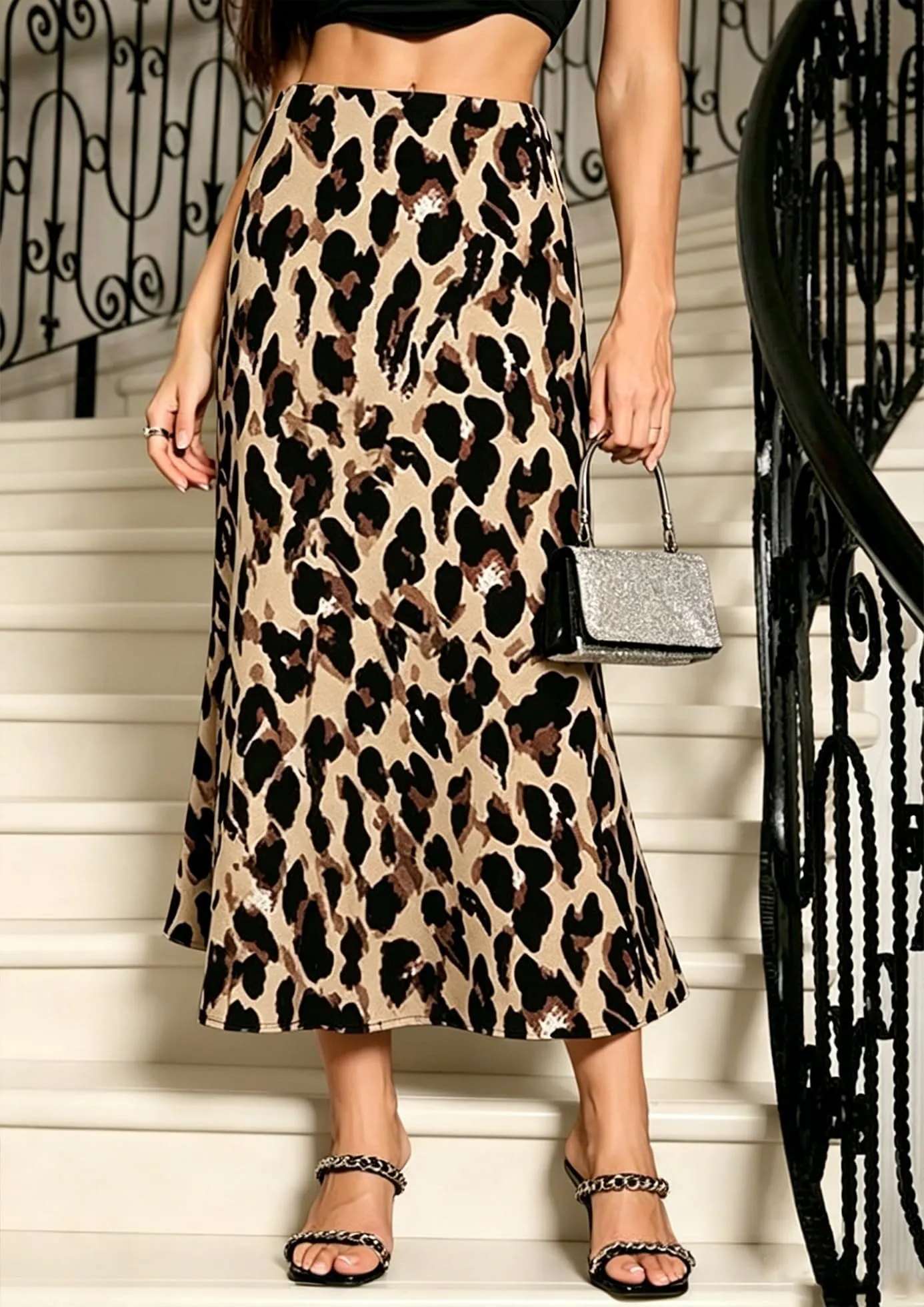 Vossmi Donna Gonna Lunga Vita Alta in Raso Svasata Leopardo, S - immagine 2