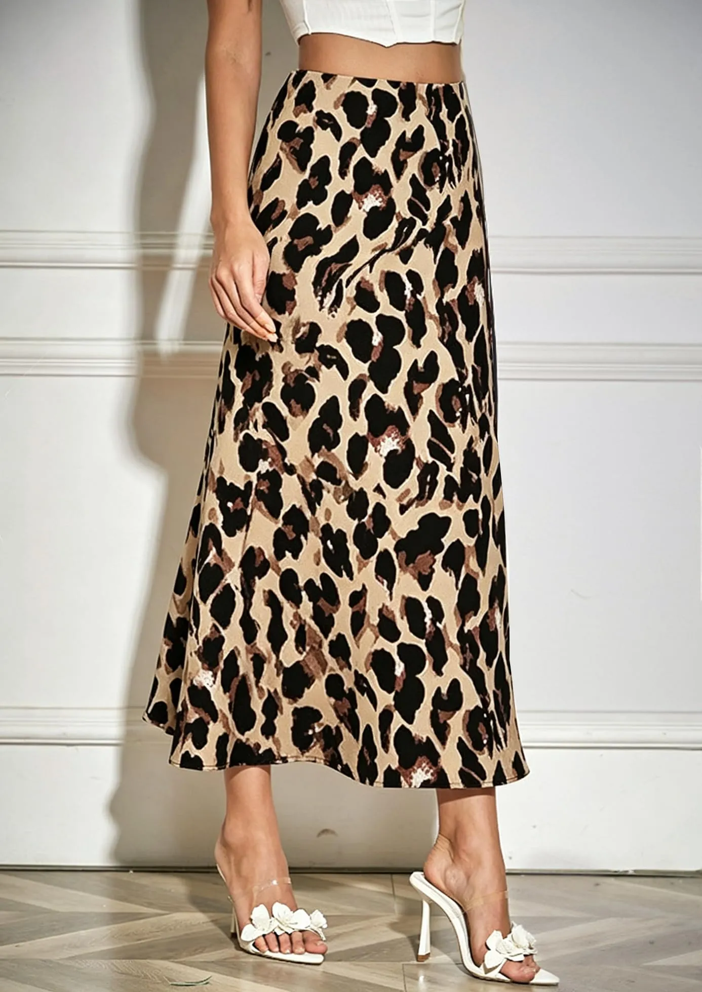 Vossmi Donna Gonna Lunga Vita Alta in Raso Svasata Leopardo, S - immagine 5