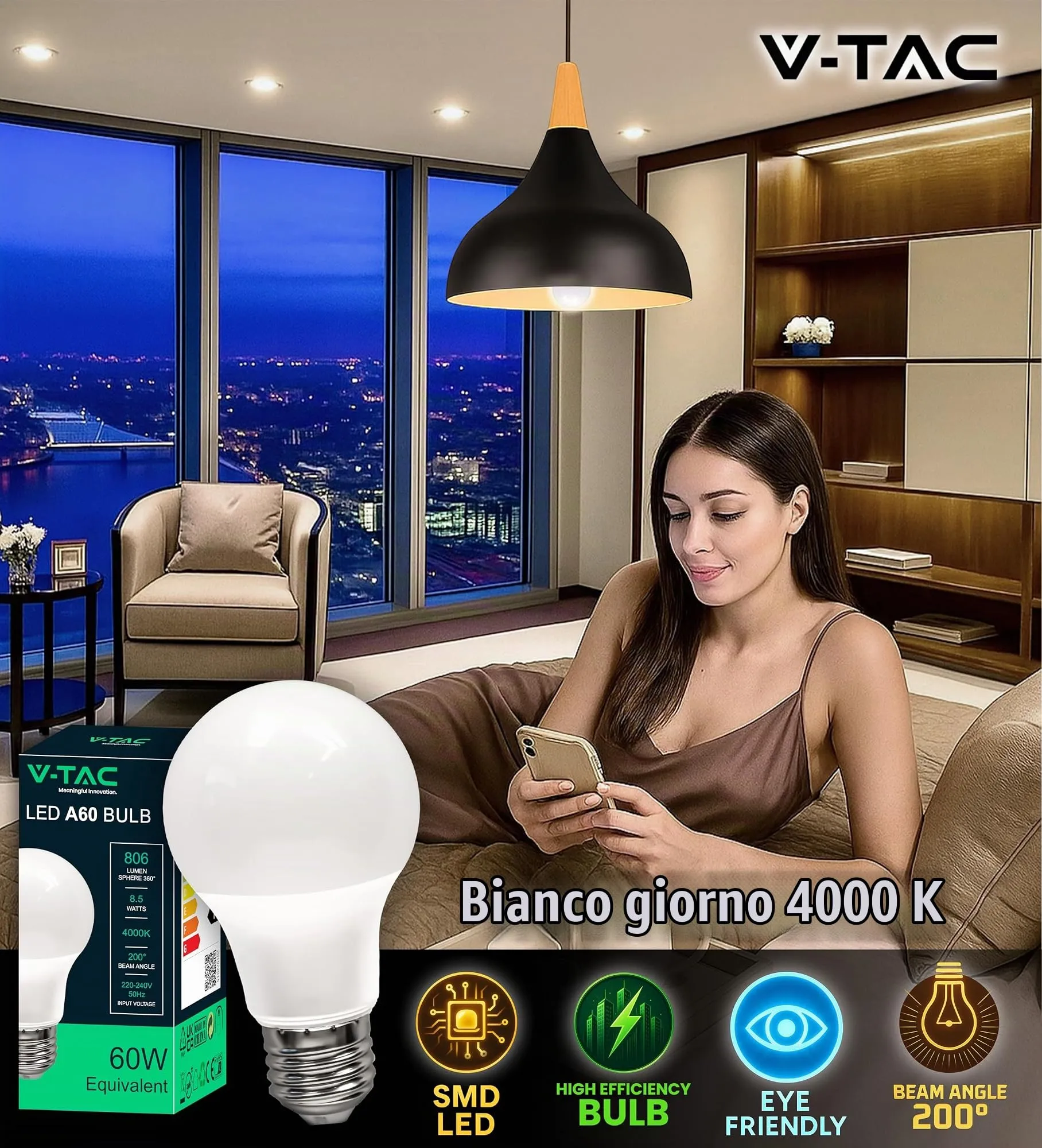 V-TAC Lampadine LED E27 8,5W A60 Luce Naturale 4000K 806 Lumen - Confezione da 3 pezzi - immagine 4
