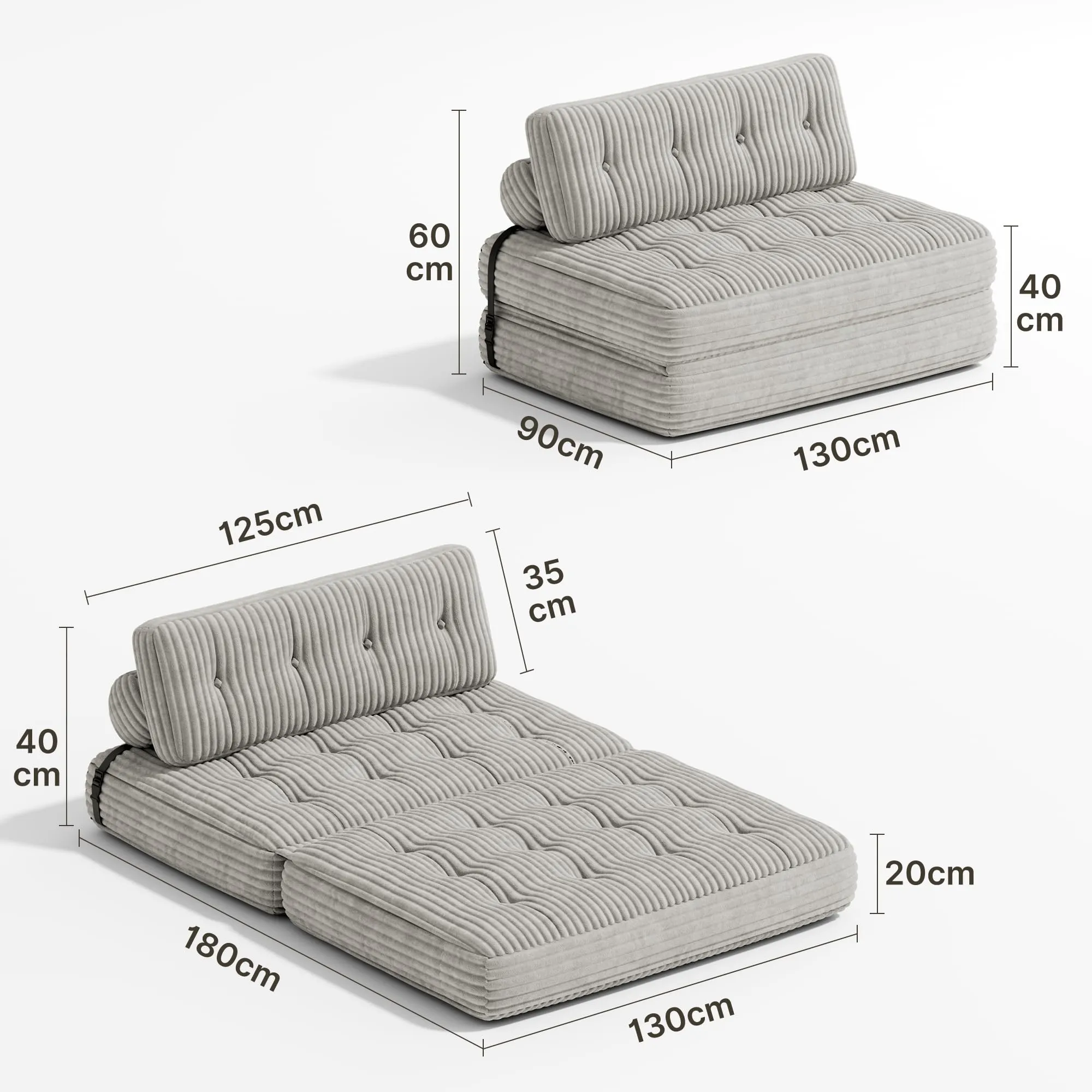 Xbro Divano Letto Matrimoniale 2 Posti Pieghevole, 180x130 cm, Grigio Chiaro - immagine 3